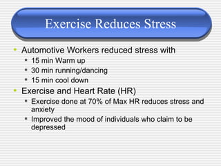 Exercise Reduces Stress Automotive Workers reduced stress with 15 min Warm up 30 min running/dancing 15 min cool down Exercise and Heart Rate (HR) Exercise done at 70% of Max HR reduces stress and anxiety Improved the mood of individuals who claim to be depressed 