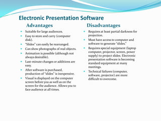 Electronic Presentation Software
    Advantages                                   Disadvantages
   Suitable for large audiences.               Requires at least partial darkness for
   Easy to store and carry (computer            projection.
    disk).                                      Must have access to computer and
   “Slides” can easily be rearranged.           software to generate “slides.”
   Can show photographs of real objects.       Requires special equipment (laptop
   Animation is possible (although not          computer, projector, screen, power
    always desirable).                           supply) to project slides. Electronic
                                                 presentation software is becoming
   Last-minute changes or additions are         standard equipment at many
    easy.                                        meetings.
   After software is purchased,                Technical failures (computer,
    production of “slides” is inexpensive.       software, projector) are more
   Visual is displayed on the computer          difficult to overcome.
    screen before you as well as on the
    screen for the audience. Allows you to
    face audience at all times.
 