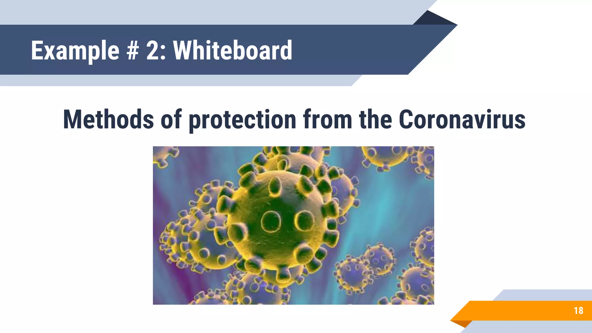 Methods of protection from the Coronavirus
Example # 2: Whiteboard
18
 