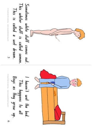 Sometimes white stuff comes out.                                      I haven’t wet the bed.
This whiter stuff is called semen.                                      This happens to all
  This is called a wet dream.                                         Boys as they grow up.
  © Visual Aids for Learning   www.visualaidsforlearning.com   5   © Visual Aids for Learning   www.visualaidsforlearning.com   6
 