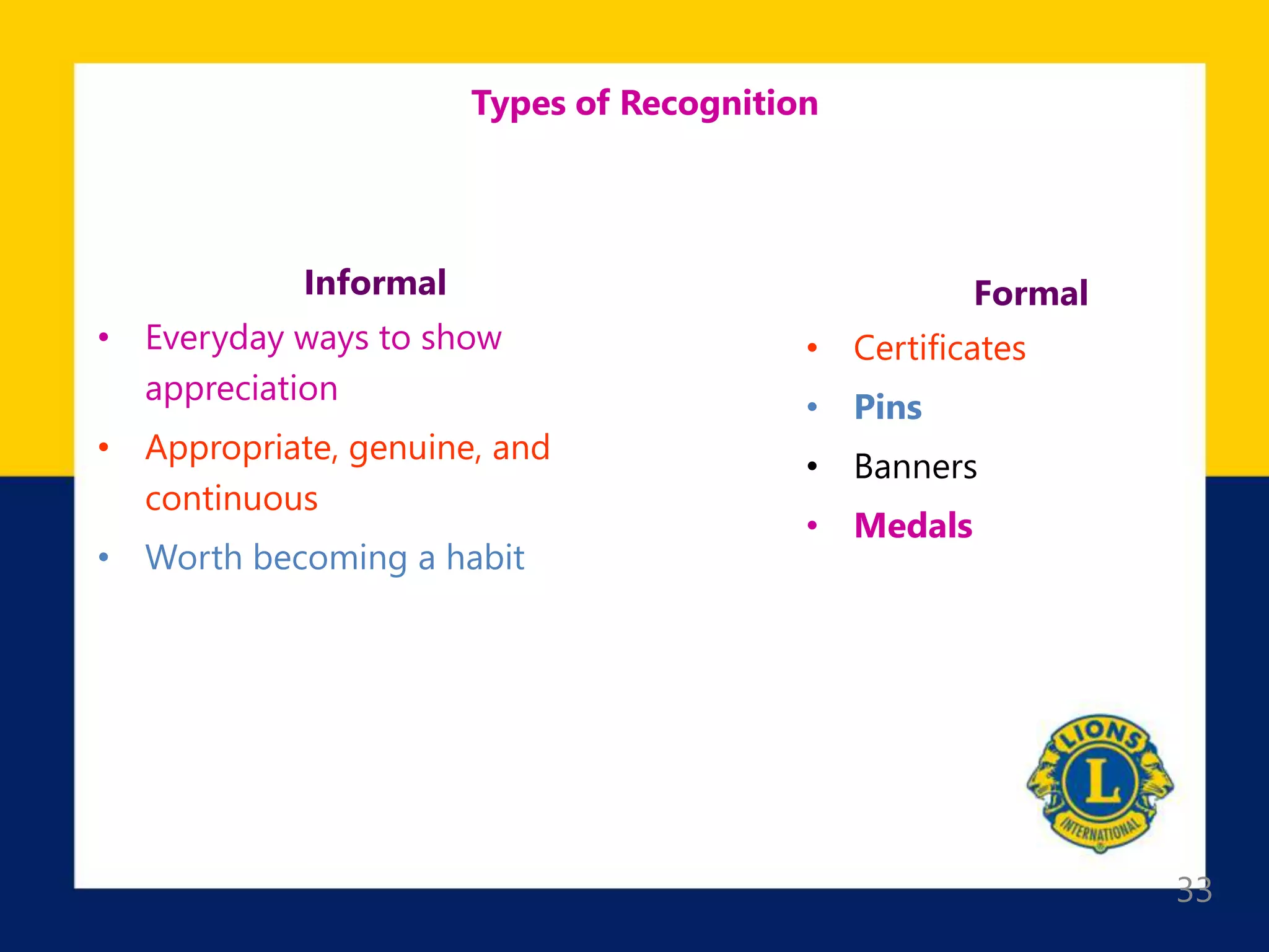 33
Types of Recognition
Informal
• Everyday ways to show
appreciation
• Appropriate, genuine, and
continuous
• Worth becoming a habit
Formal
• Certificates
• Pins
• Banners
• Medals
 