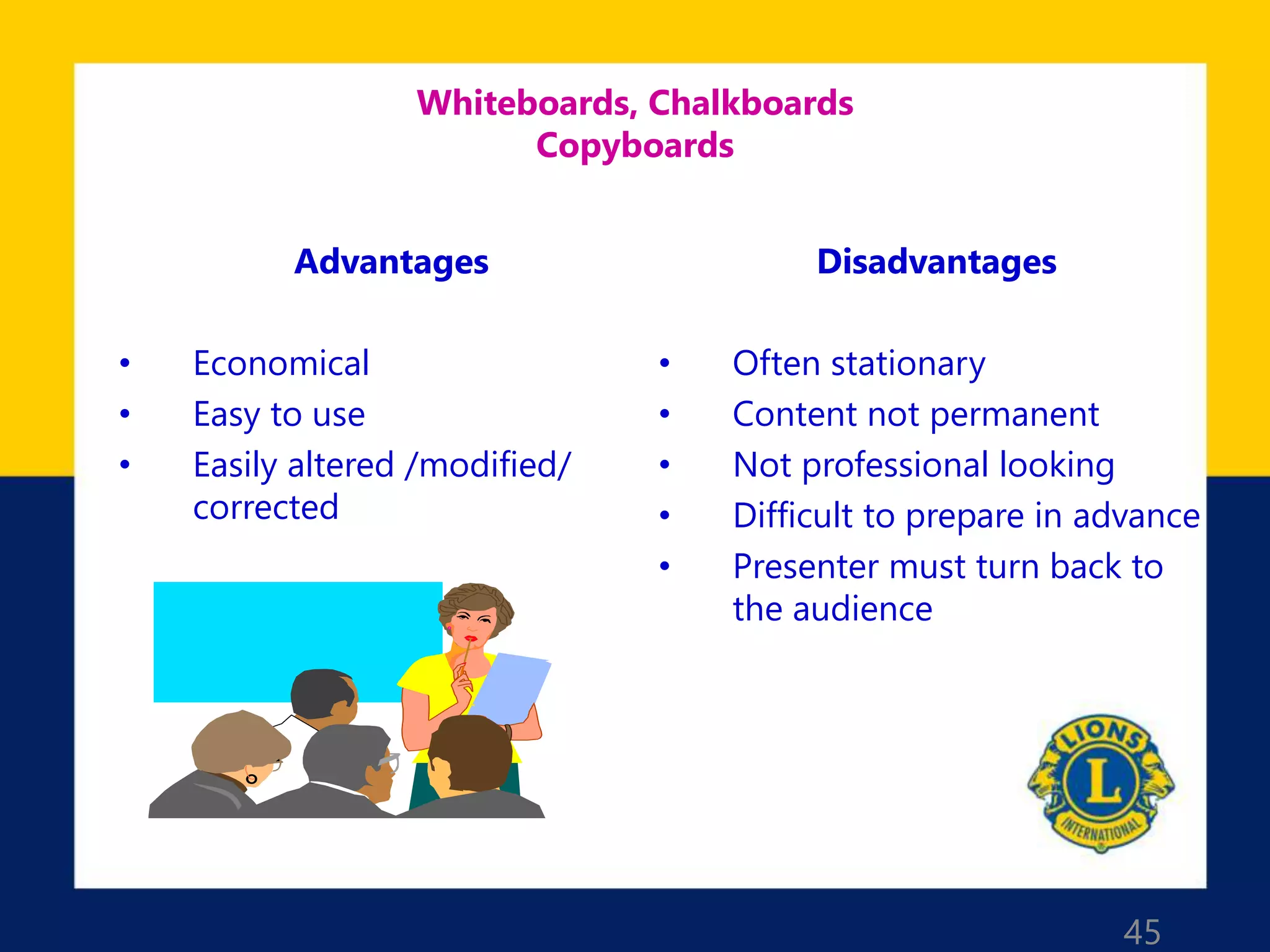 45
Whiteboards, Chalkboards
Copyboards
Advantages
• Economical
• Easy to use
• Easily altered /modified/
corrected
Disadvantages
• Often stationary
• Content not permanent
• Not professional looking
• Difficult to prepare in advance
• Presenter must turn back to
the audience
 