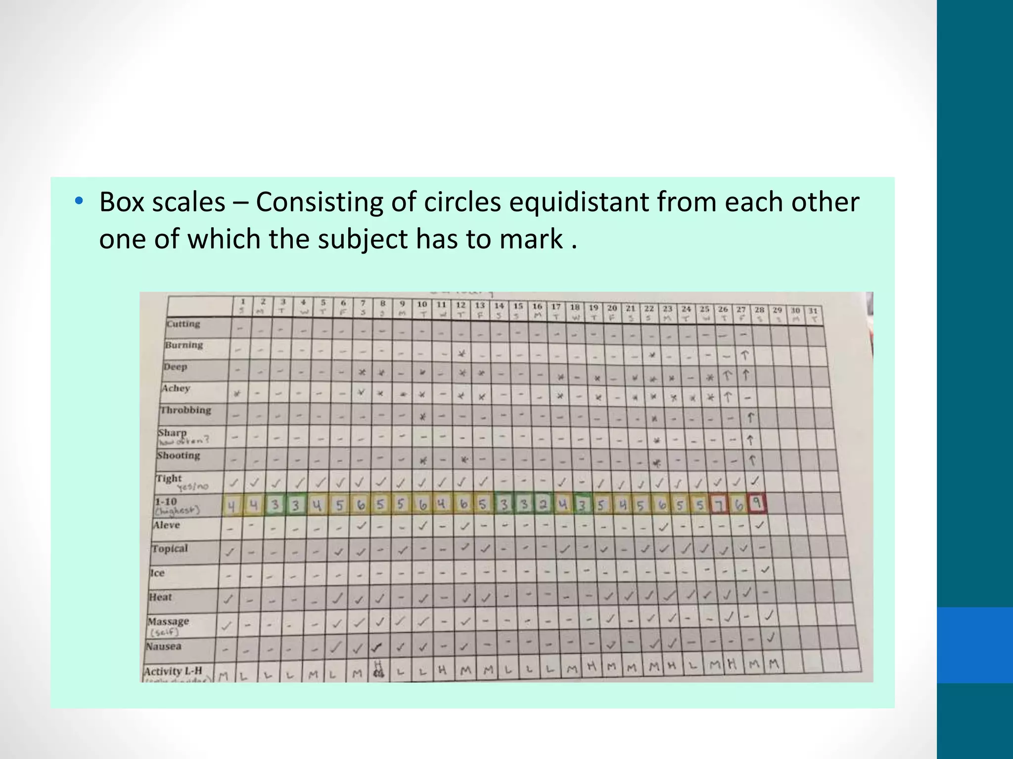 • Box scales – Consisting of circles equidistant from each other
one of which the subject has to mark .
 