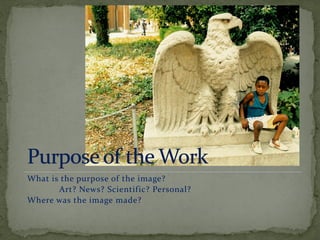 What is the purpose of the image?
Art? News? Scientific? Personal?
Where was the image made?
 