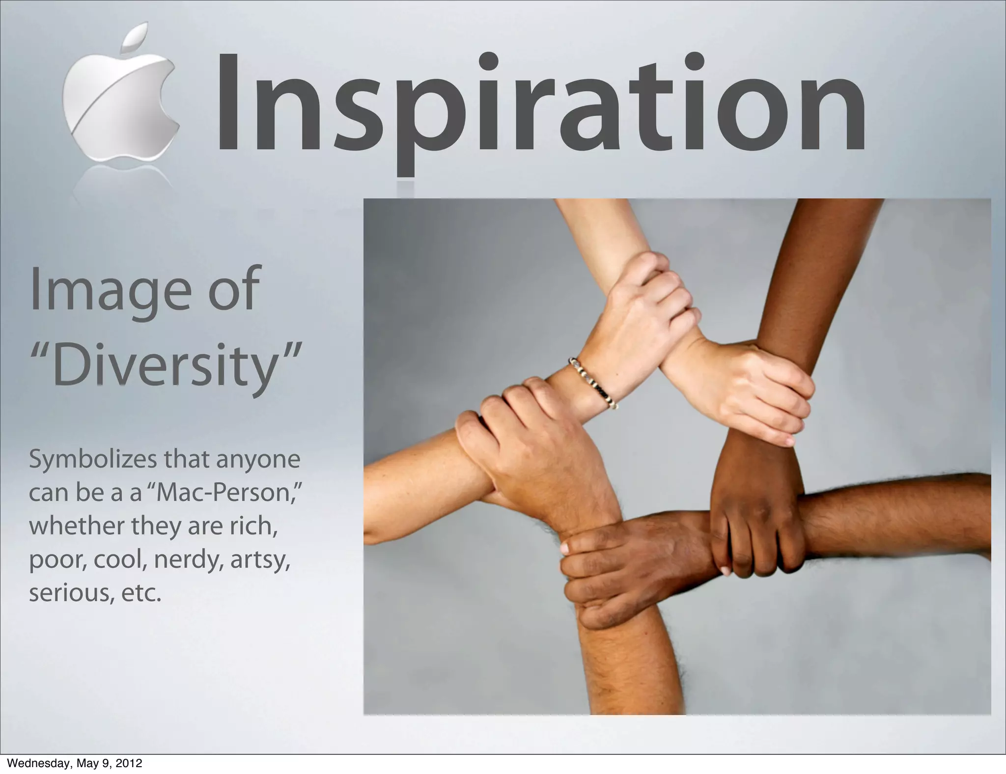 Inspiration
   Image of
   “Diversity”
   Symbolizes that anyone
   can be a a “Mac-Person,”
   whether they are rich,
   poor, cool, nerdy, artsy,
   serious, etc.




Wednesday, May 9, 2012
 