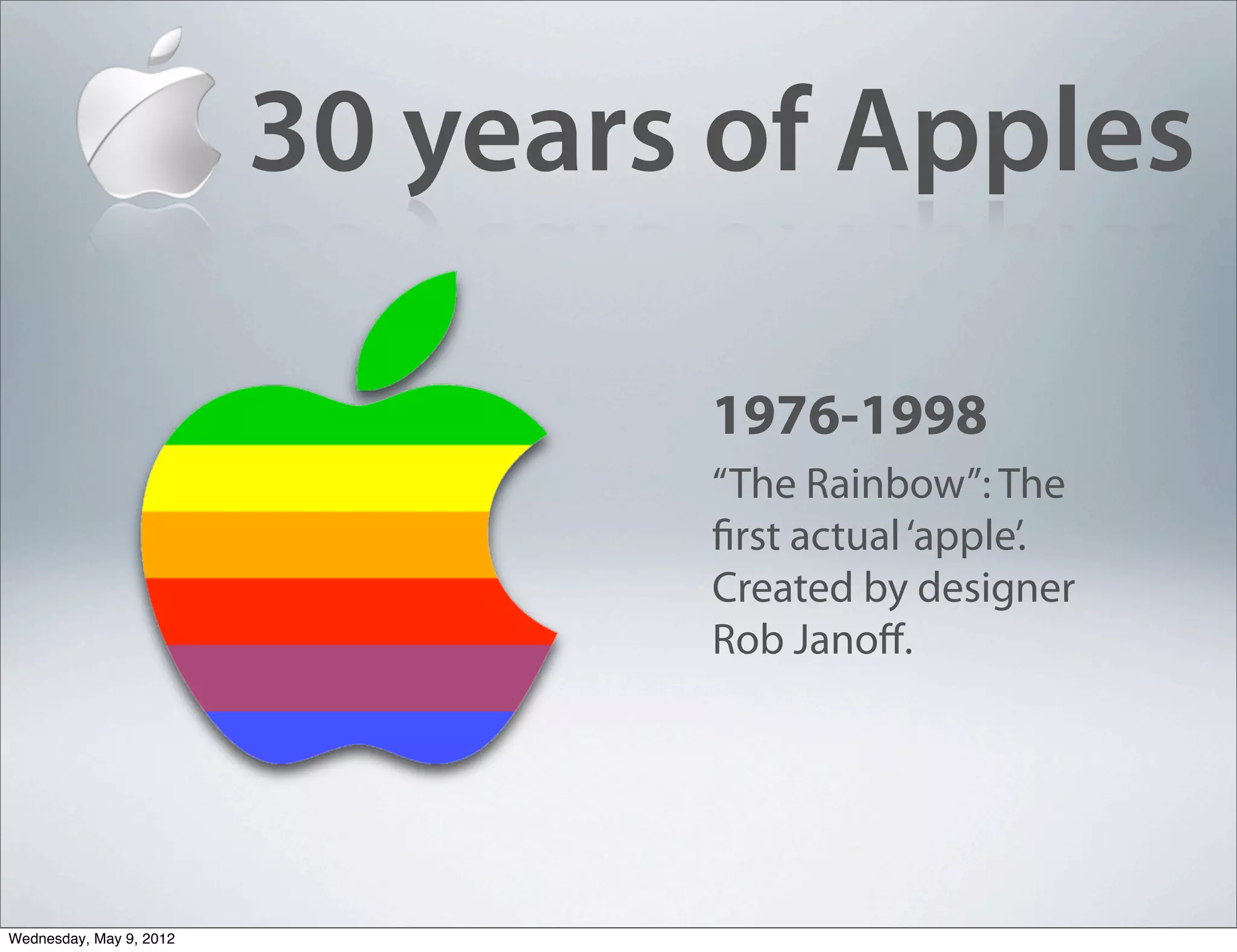 30 years of Apples

                                 1976-1998
                                 “The Rainbow”: The
                                 first actual ‘apple’.
                                 Created by designer
                                 Rob Janoﬀ.




Wednesday, May 9, 2012
 