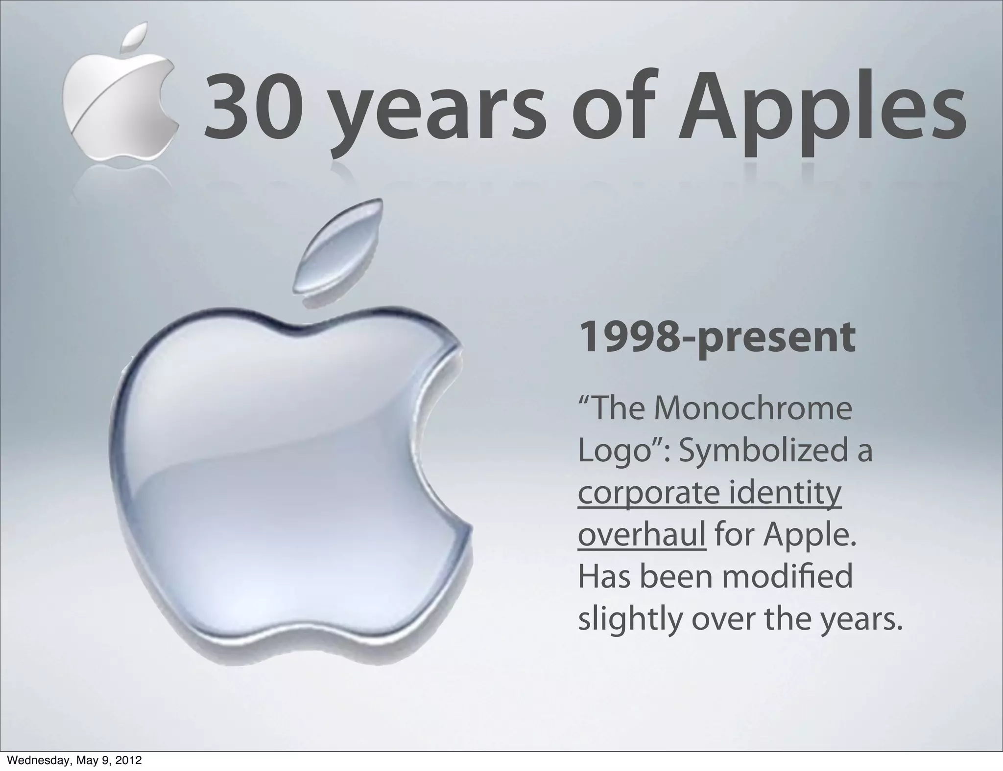 30 years of Apples

                                 1998-present
                                 “The Monochrome
                                 Logo”: Symbolized a
                                 corporate identity
                                 overhaul for Apple.
                                 Has been modified
                                 slightly over the years.


Wednesday, May 9, 2012
 