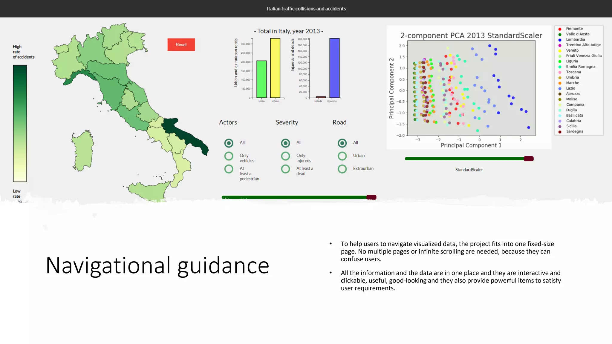Navigational guidance
• To help users to navigate visualized data, the project fits into one fixed-size
page. No multiple pages or infinite scrolling are needed, because they can
confuse users.
• All the information and the data are in one place and they are interactive and
clickable, useful, good-looking and they also provide powerful items to satisfy
user requirements.
 