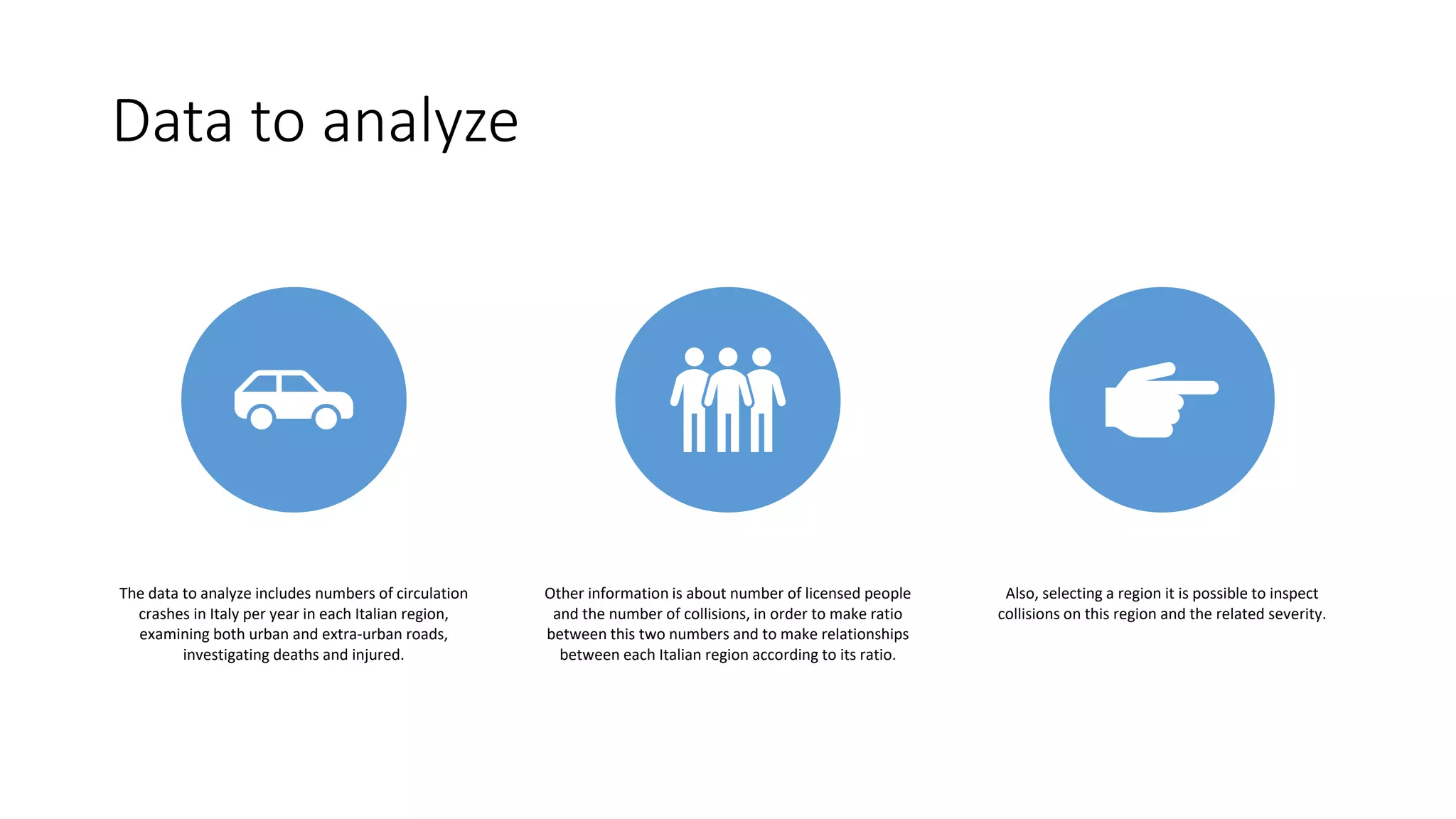 Data to analyze
The data to analyze includes numbers of circulation
crashes in Italy per year in each Italian region,
examining both urban and extra-urban roads,
investigating deaths and injured.
Other information is about number of licensed people
and the number of collisions, in order to make ratio
between this two numbers and to make relationships
between each Italian region according to its ratio.
Also, selecting a region it is possible to inspect
collisions on this region and the related severity.
 