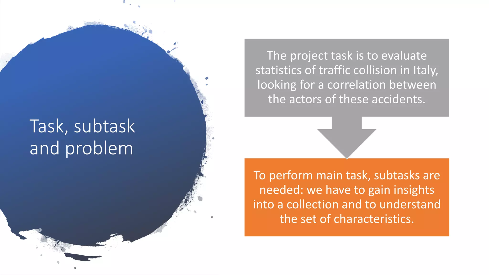Task, subtask
and problem
To perform main task, subtasks are
needed: we have to gain insights
into a collection and to understand
the set of characteristics.
The project task is to evaluate
statistics of traffic collision in Italy,
looking for a correlation between
the actors of these accidents.
 