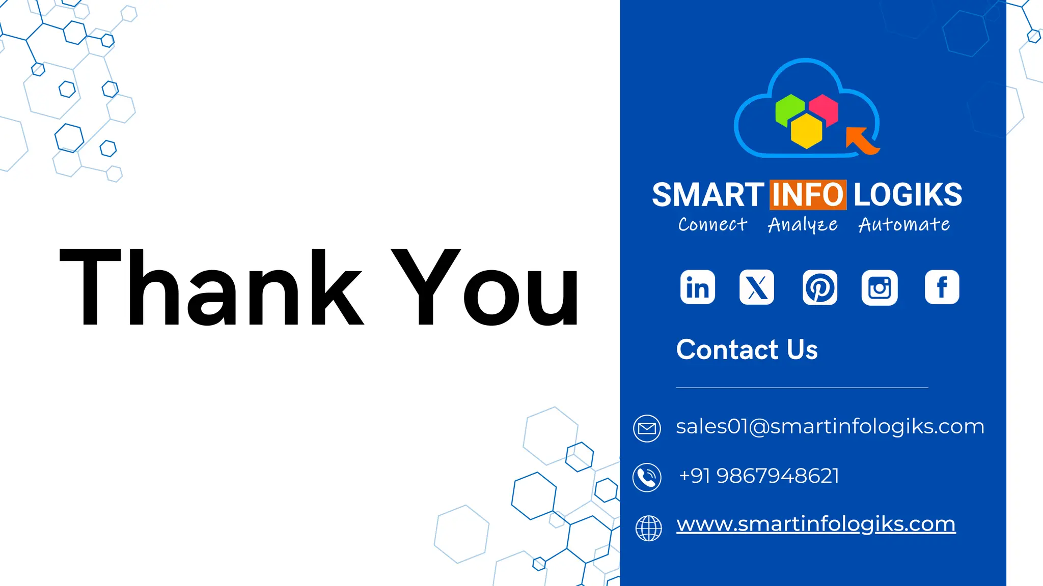 Thank You Contact Us
sales01@smartinfologiks.com
+91 9867948621
www.smartinfologiks.com
 