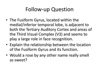 Follow-up QuestionThe FusiformGyrus, located within the medial/inferior temporal lobe, is adjacent to both the Tertiary Auditory Cortex and areas of the Third Visual Complex (V3) and seems to play a large role in face recognition. Explain the relationship between the location of the FusiformGyrusand its function.Would a rose by any other name really smell as sweet?