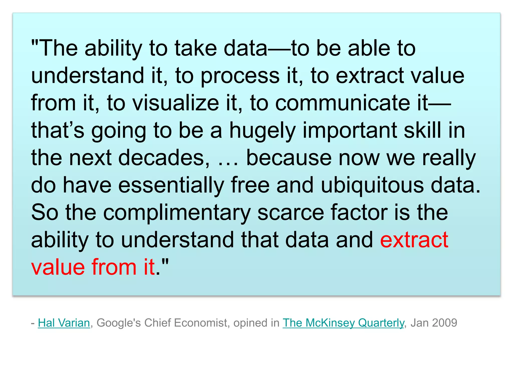 "The ability to take data—to be able to
understand it, to process it, to extract value
from it, to visualize it, to communicate it—
that’s going to be a hugely important skill in
the next decades, … because now we really
do have essentially free and ubiquitous data.
So the complimentary scarce factor is the
ability to understand that data and extract
value from it."
- Hal Varian, Google's Chief Economist, opined in The McKinsey Quarterly, Jan 2009
 