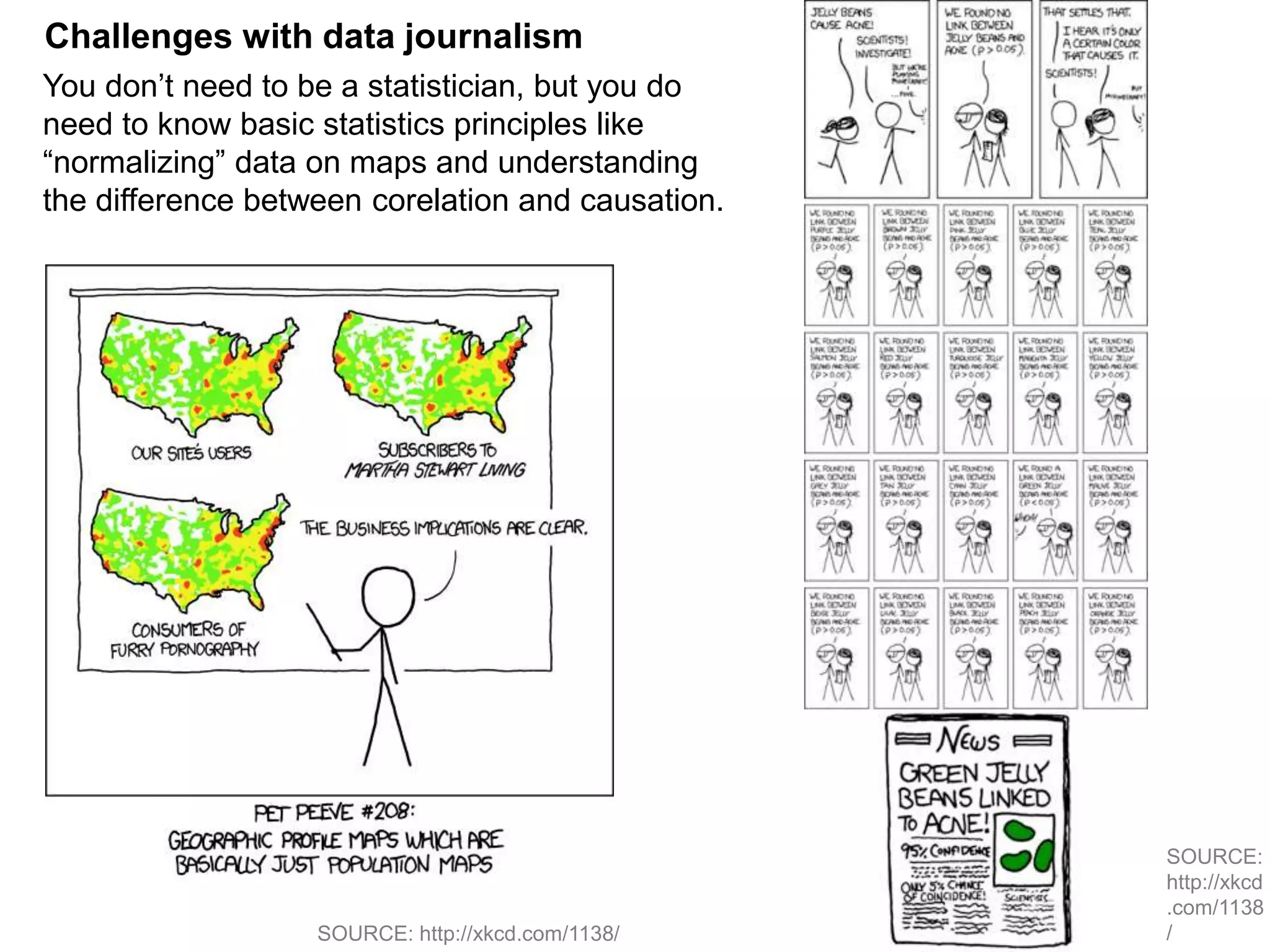 Challenges with data journalism
You don’t need to be a statistician, but you do
need to know basic statistics principles like
“normalizing” data on maps and understanding
the difference between corelation and causation.
SOURCE: http://xkcd.com/1138/
SOURCE:
http://xkcd
.com/1138
/
 
