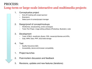 1. Conceptualize project
– Kick-off meeting with project sponsor
– Brainstorm
– Select point of contact/project manager
2. Design/proof of concept/mockups
– Wireframes, storyboarding, and/or prototypes
– Tools: Pen+Paper, image editing software (Photoshop, Illustrator), code
3. Development
– Tools: HTML5, JavaScript, jQuery, CSS, Javascript libraries and APIs,
– Gulp, NPM, Sass, PHP, cloud data storage
4. Test
– Quality Assurance (QA)
– Accessibility, device and browser compatibility
1. Project launches
2. Post-mortem discussion and feedback
3. Revisions, updates and new features (iterations)
PROCESS:
Long-term or large-scale interactive and multimedia projects
 