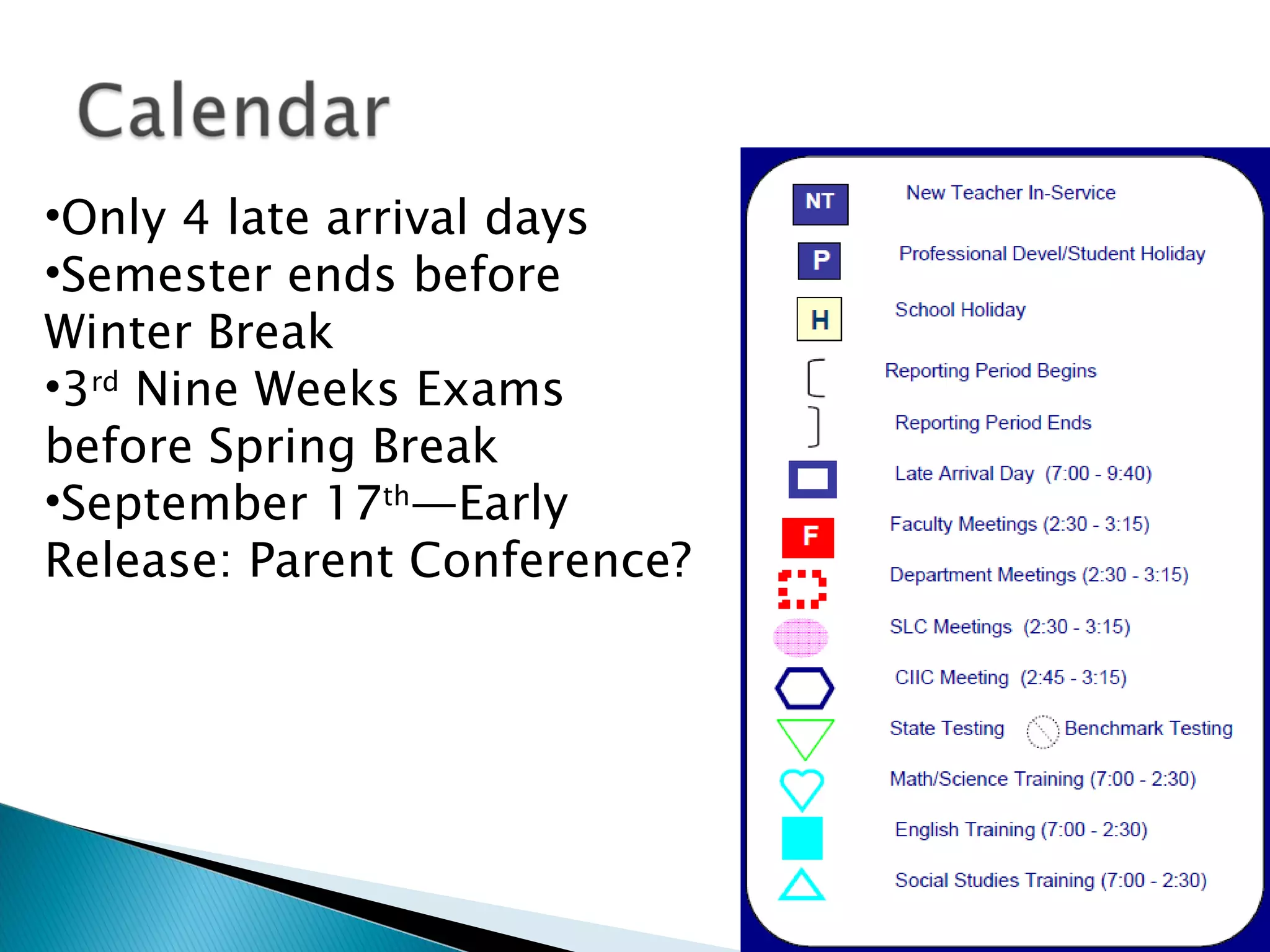Only 4 late arrival days Semester ends before Winter Break 3 rd  Nine Weeks Exams before Spring Break September 17 th —Early Release: Parent Conference? 