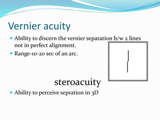 Vernier acuity
 Ability to discern the vernier separation b/w 2 lines
not in perfect alignment.
 Range-10-20 sec of an arc.
steroacuity
 Ability to perceive sepration in 3D
 