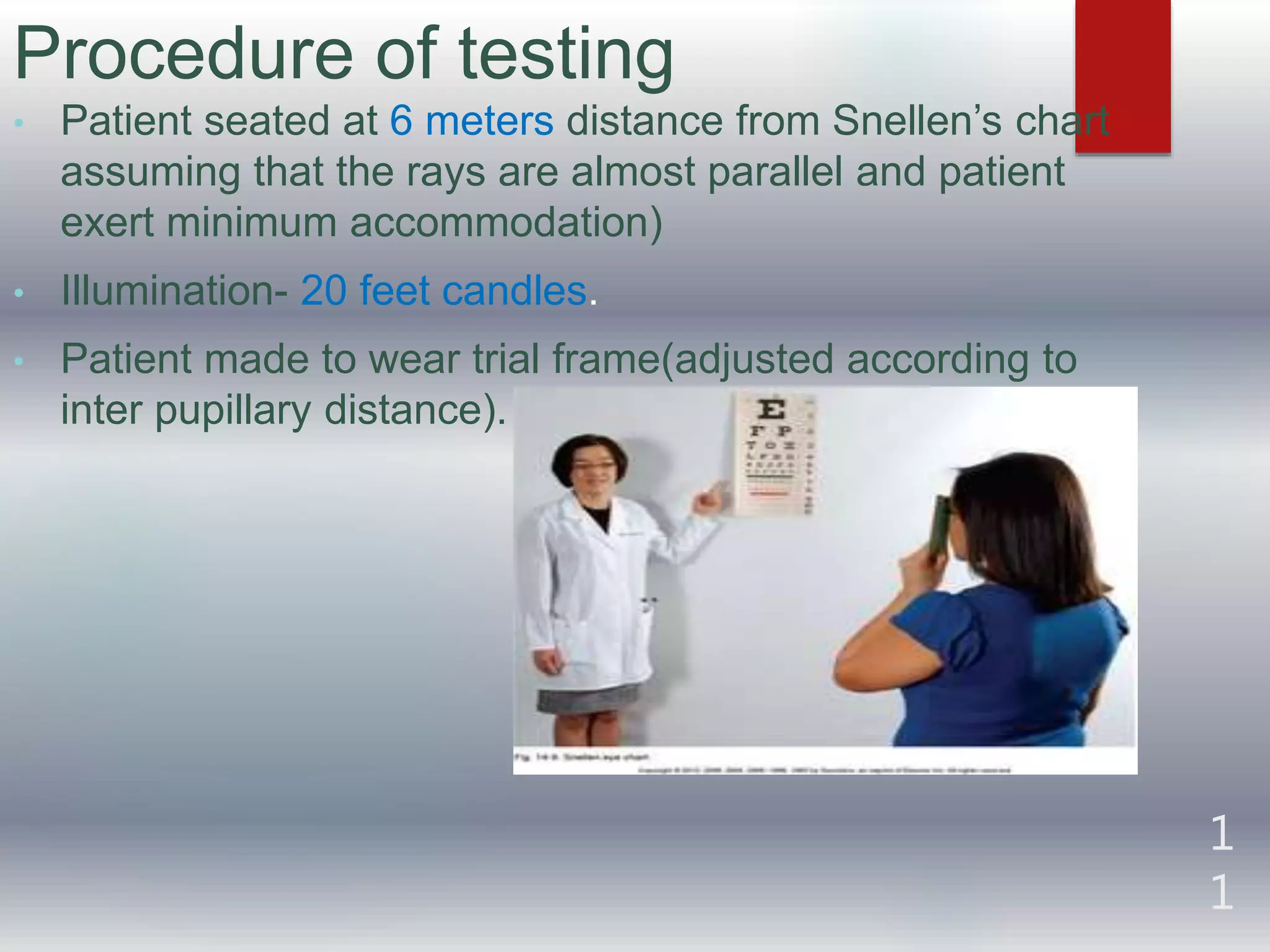 1
1
Procedure of testing
• Patient seated at 6 meters distance from Snellen’s chart
assuming that the rays are almost parallel and patient
exert minimum accommodation)
• Illumination- 20 feet candles.
• Patient made to wear trial frame(adjusted according to
inter pupillary distance).
 