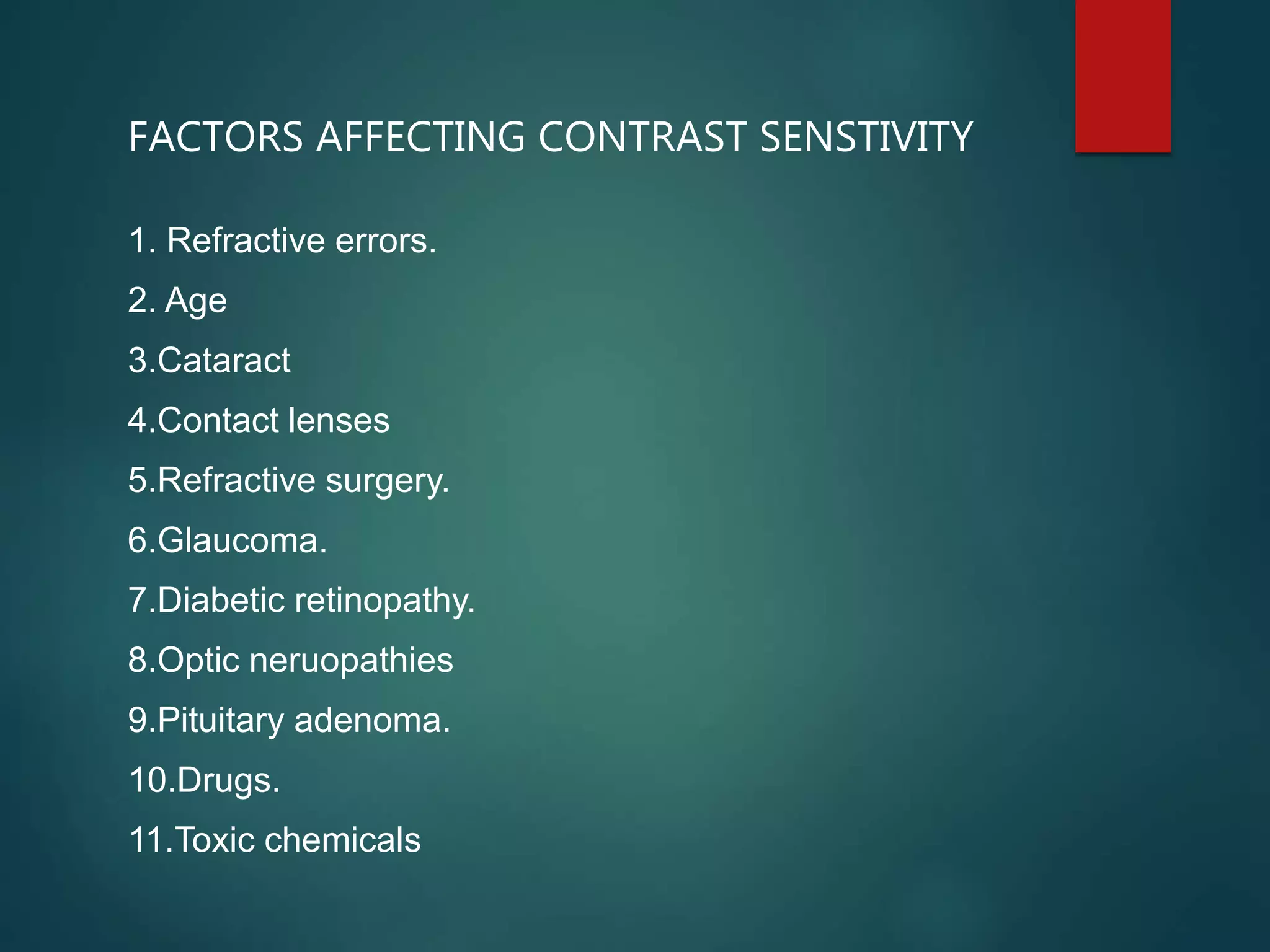 1. Refractive errors.
2. Age
3.Cataract
4.Contact lenses
5.Refractive surgery.
6.Glaucoma.
7.Diabetic retinopathy.
8.Optic neruopathies
9.Pituitary adenoma.
10.Drugs.
11.Toxic chemicals
FACTORS AFFECTING CONTRAST SENSTIVITY
 