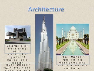 Architecture-Example of building with multiple types of materials used--TajMahal--Building designed and built around a culture--Burj Dubai--2,717 feet tall skyscraper-