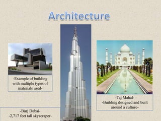 Architecture-Example of building with multiple types of materials used--TajMahal--Building designed and built around a culture--Burj Dubai--2,717 feet tall skyscraper-