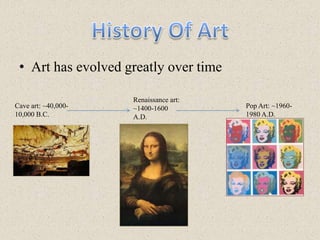History Of ArtArt has evolved greatly over timeRenaissance art: ~1400-1600 A.D.Cave art: ~40,000-10,000 B.C.Pop Art: ~1960-1980 A.D.