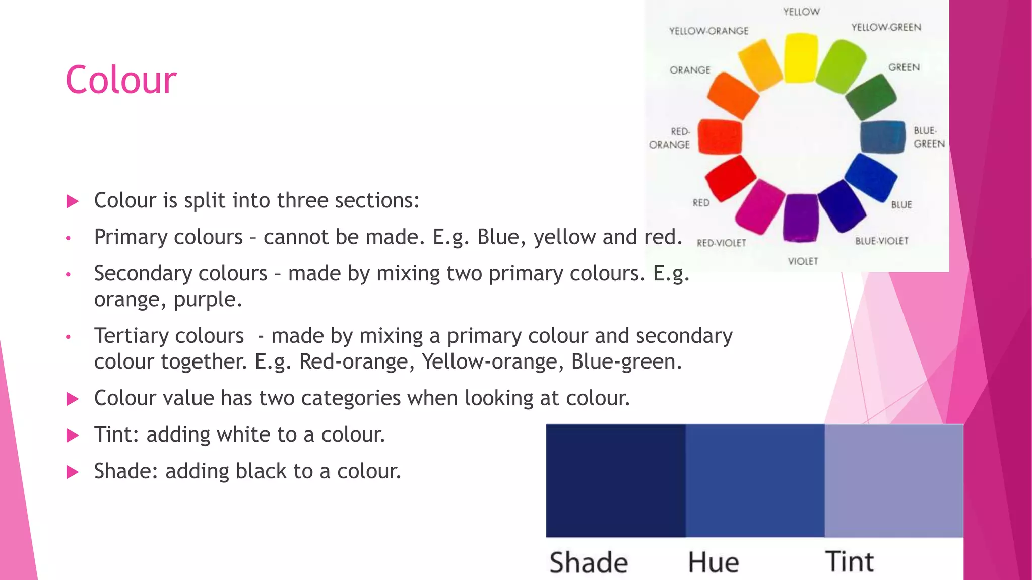 Colour


Colour is split into three sections:

•

Primary colours – cannot be made. E.g. Blue, yellow and red.

•

Secondary colours – made by mixing two primary colours. E.g.
orange, purple.

•

Tertiary colours - made by mixing a primary colour and secondary
colour together. E.g. Red-orange, Yellow-orange, Blue-green.



Colour value has two categories when looking at colour.



Tint: adding white to a colour.



Shade: adding black to a colour.

 