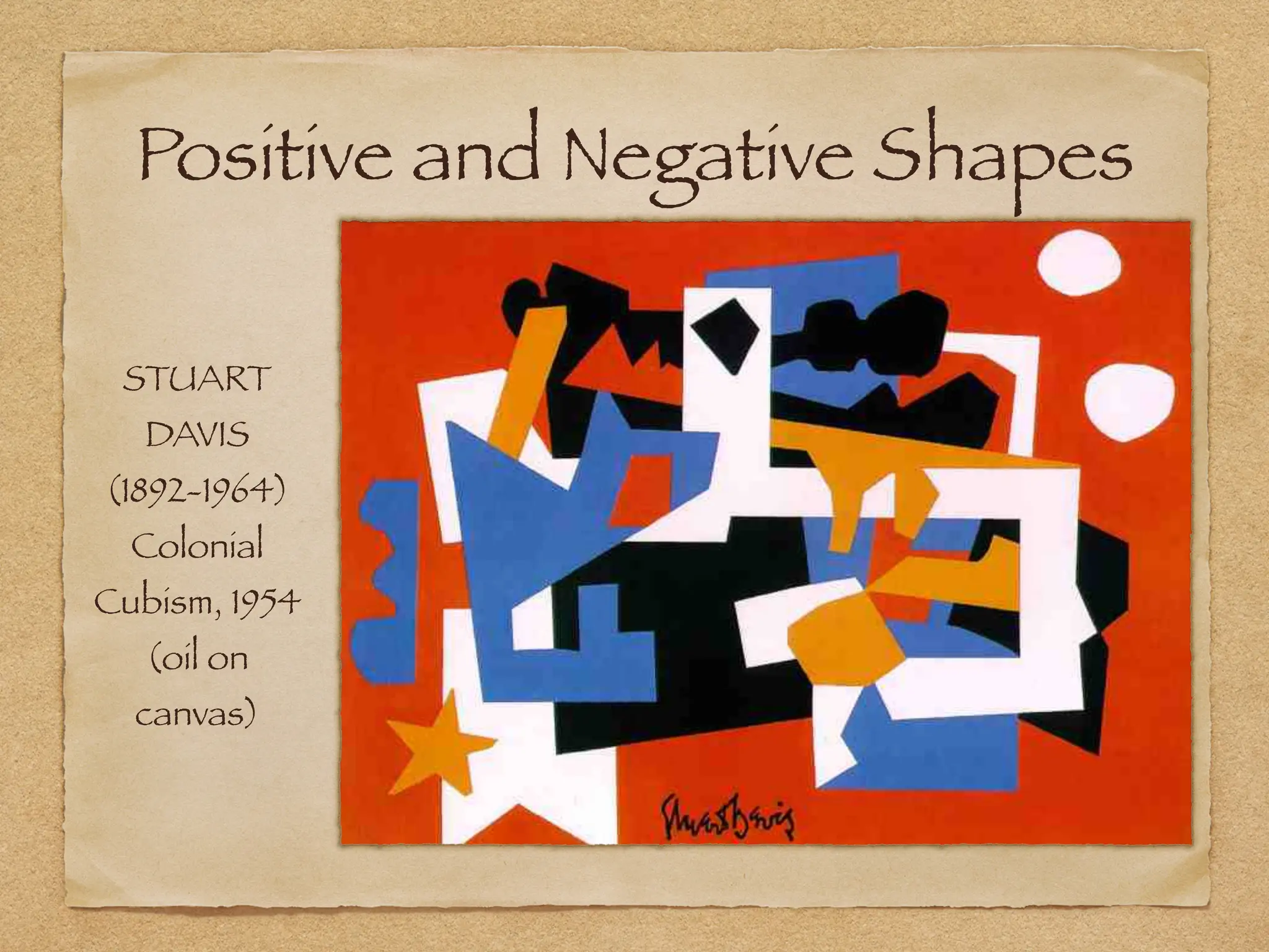 Positive and Negative Shapes
STUART
DAVIS
(1892-1964)
Colonial
Cubism, 1954
(oil on
canvas)
 