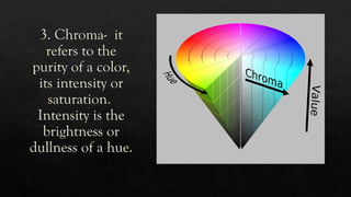 3. Chroma- it
refers to the
purity of a color,
its intensity or
saturation.
Intensity is the
brightness or
dullness of a hue.
 