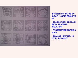 DIVISION OF SPACE BY GRAPH – GRID RESULTS IN SPACES WITH CERTAIN MODULES WITH RELATION SYSTEMATIZED DESIGN IDEA SQUARE  QUALITY IS STILL RETAINED 