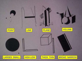 POINT LINE PLANE VOLUME LARGES  SMALL HIGH LOW THICK  THIN BROAD  NARROW 