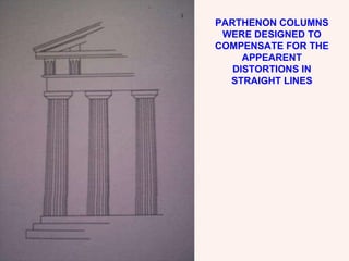 PARTHENON COLUMNS WERE DESIGNED TO COMPENSATE FOR THE APPEARENT DISTORTIONS IN STRAIGHT LINES 