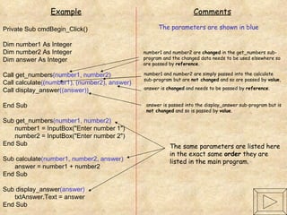 Private Sub cmdBegin_Click() Dim number1 As Integer Dim number2 As Integer Dim answer As Integer Call get_numbers (number1, number2) Call calculate ((number1), (number2), answer) Call display_answer ((answer)) End Sub Sub get_numbers (number1, number2) number1 = InputBox("Enter number 1") number2 = InputBox("Enter number 2") End Sub Sub calculate (number1, number2, answer) answer = number1 + number2 End Sub Sub display_answer (answer) txtAnswer.Text = answer End Sub Example Comments The parameters are shown in blue number1 and number2 are  changed  in the get_numbers sub-program and the changed data needs to be used elsewhere so are passed by  reference . The same parameters are listed here in the exact same  order  they are listed in the main program. number1 and number2 are simply passed into the calculate sub-program but are  not changed  and so are passed by  value ,  answer is  changed  and needs to be passed by  reference . answer is passed into the display_answer sub-program but is  not changed  and so is passed by  value . 