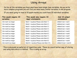 So far all the variables you have used have been single item variables. As you write more complex programs you will find you need many similar variables in one program. If you were going to read in 10 pupils marks you could have 10 individual variables. Dim mark1 as integer Dim mark2 as integer Dim mark3 as integer Dim mark4 as integer Dim mark5 as integer Dim mark6 as integer Dim mark7 as integer Dim mark8 as integer Dim mark9 as integer Dim mark10 as integer This would also require 10 input statements Mark1 = inputbox(“Please enter Mark 1”) Mark2 = inputbox(“Please enter Mark 2”) Mark3 = inputbox(“Please enter Mark 3”) Mark4 = inputbox(“Please enter Mark 4”) Mark5 = inputbox(“Please enter Mark 5”) Mark6 = inputbox(“Please enter Mark 6”) Mark7 = inputbox(“Please enter Mark 7”) Mark8 = inputbox(“Please enter Mark 8”) Mark9 = inputbox(“Please enter Mark 9”) Mark10 = inputbox(“Please enter Mark 10”) This would require 10 variables txtMark1.text = mark1 txtMark2.text = mark2 txtMark3.text = mark3 txtMark4.text = mark4 txtMark5.text = mark5 txtMark6.text = mark6 txtMark7.text = mark7 txtMark8.text = mark8 txtMark9.text = mark9 txtMark10.text = mark10 And 10 output statements This is obviously an awful lot of repetitive code.  There is a much better way of storing and using data which is related.  This is using an array. Using Arrays 