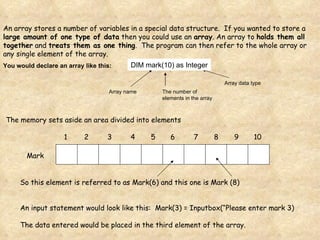 An array stores a number of variables in a special data structure.  If you wanted to store a  large amount of one type of data  then you could use an  array . An array to  holds them all together  and  treats them as one thing .  The program can then refer to the whole array or any single element of the array. You would declare an array like this: Array name The number of elements in the array Array data type DIM mark(10) as Integer The memory sets aside an area divided into elements Mark 1 2 3 4 5 6 7 8 9 10 So this element is referred to as Mark(6) and this one is Mark (8) An input statement would look like this:  Mark(3) = Inputbox(“Please enter mark 3) The data entered would be placed in the third element of the array. 