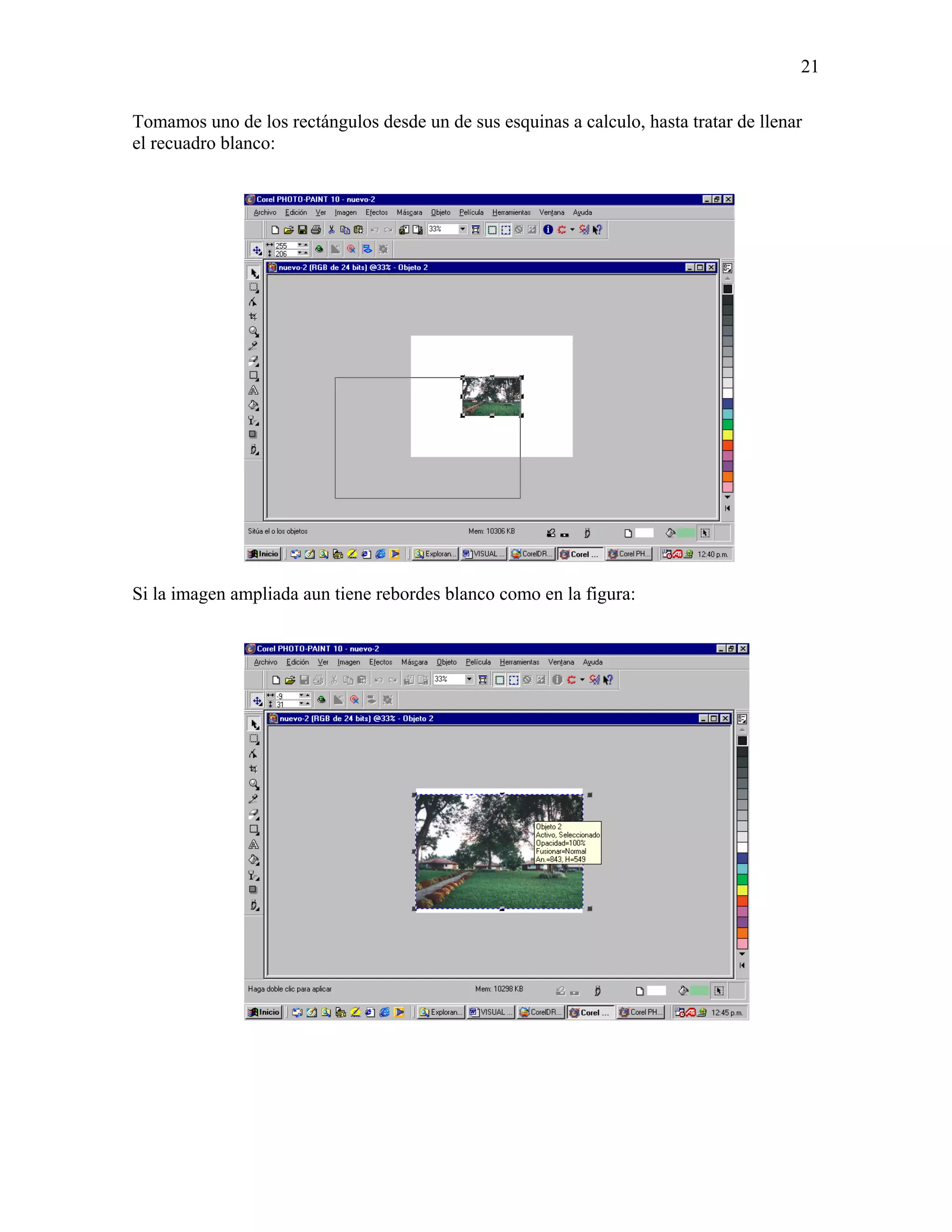 21

Tomamos uno de los rectángulos desde un de sus esquinas a calculo, hasta tratar de llenar
el recuadro blanco:




Si la imagen ampliada aun tiene rebordes blanco como en la figura:
 