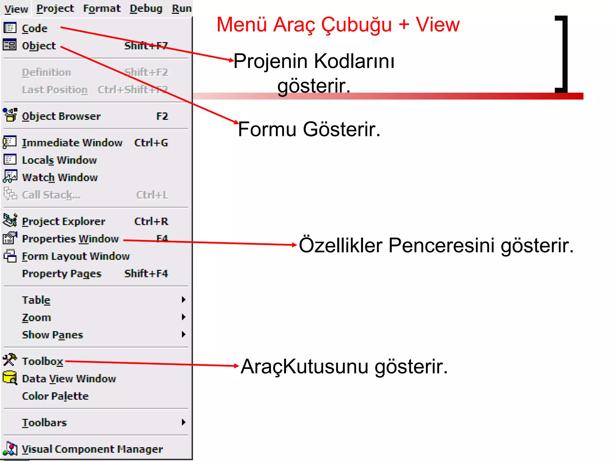 AraçKutusunu gösterir.
Projenin Kodlarını
gösterir.
Özellikler Penceresini gösterir.
Menü Araç Çubuğu + View
Formu Gösterir.
 