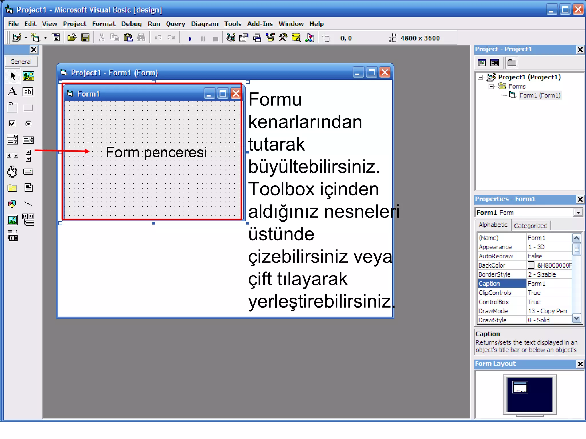 Formu
kenarlarından
tutarak
büyültebilirsiniz.
Toolbox içinden
aldığınız nesneleri
üstünde
çizebilirsiniz veya
çift tılayarak
yerleştirebilirsiniz.
Form penceresi
 