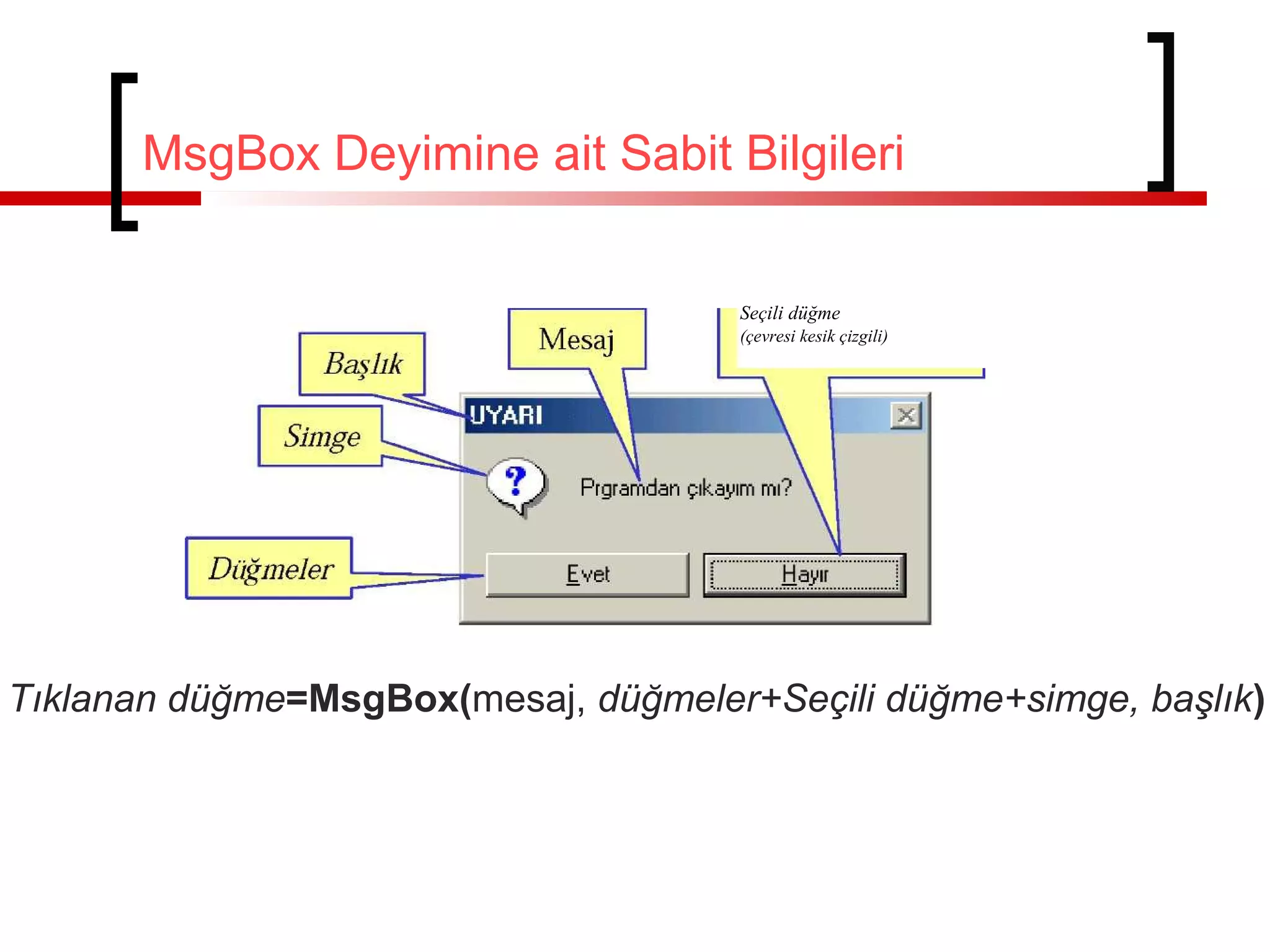 MsgBox Deyimine ait Sabit Bilgileri
Seçili düğme
(çevresi kesik çizgili)
Tıklanan düğme=MsgBox(mesaj, düğmeler+Seçili düğme+simge, başlık)
 