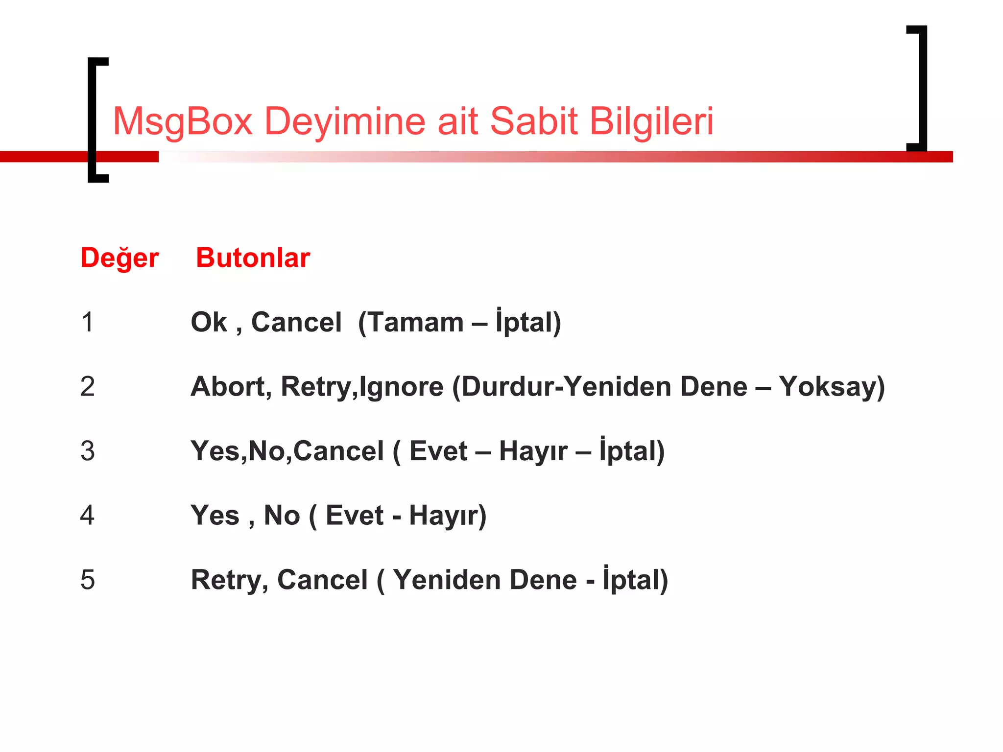 Değer Butonlar
1 Ok , Cancel (Tamam – İptal)
2 Abort, Retry,Ignore (Durdur-Yeniden Dene – Yoksay)
3 Yes,No,Cancel ( Evet – Hayır – İptal)
4 Yes , No ( Evet - Hayır)
5 Retry, Cancel ( Yeniden Dene - İptal)
MsgBox Deyimine ait Sabit Bilgileri
 