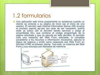 1.2 formularios


Una aplicación web inicia propiamente su existencia cuando un
cliente se conecta a su página de inicio (es el inicio de una
sesión). El servidor web Internet Information Server (IIS) levanta
el proceso aspnet_wp.exe (en caso de ser necesario, podría
estar ya activo con el servidor dando servicio) y carga el
ensamblado DLL que contiene el código programado de la
página solicitada y que se ejecuta en lado servidor. El servidor
crea una instancia del Web Form solicitado, lo completa
accediento a los recursos e información necesarios, ejecuta la
lógica de negocio y emite como respuesta ese Web Form en
formato HTML al browser cliente. Tras esto, la instancia del Web
Form y sus recursos son liberados de memoria.


 