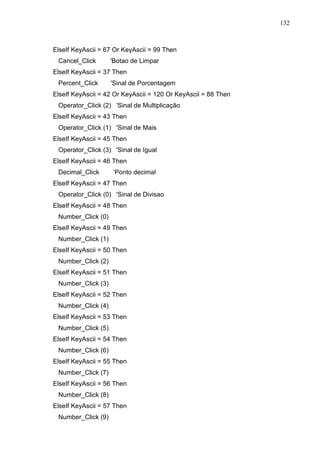 132 
ElseIf KeyAscii = 67 Or KeyAscii = 99 Then 
Cancel_Click 'Botao de Limpar 
ElseIf KeyAscii = 37 Then 
Percent_Click 'Sinal de Porcentagem 
ElseIf KeyAscii = 42 Or KeyAscii = 120 Or KeyAscii = 88 Then 
Operator_Click (2) 'Sinal de Multiplicação 
ElseIf KeyAscii = 43 Then 
Operator_Click (1) 'Sinal de Mais 
ElseIf KeyAscii = 45 Then 
Operator_Click (3) 'Sinal de Igual 
ElseIf KeyAscii = 46 Then 
Decimal_Click 'Ponto decimal 
ElseIf KeyAscii = 47 Then 
Operator_Click (0) 'Sinal de Divisao 
ElseIf KeyAscii = 48 Then 
Number_Click (0) 
ElseIf KeyAscii = 49 Then 
Number_Click (1) 
ElseIf KeyAscii = 50 Then 
Number_Click (2) 
ElseIf KeyAscii = 51 Then 
Number_Click (3) 
ElseIf KeyAscii = 52 Then 
Number_Click (4) 
ElseIf KeyAscii = 53 Then 
Number_Click (5) 
ElseIf KeyAscii = 54 Then 
Number_Click (6) 
ElseIf KeyAscii = 55 Then 
Number_Click (7) 
ElseIf KeyAscii = 56 Then 
Number_Click (8) 
ElseIf KeyAscii = 57 Then 
Number_Click (9) 
 