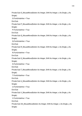 168 
Private Sub O_MouseMove(Button As Integer, Shift As Integer, x As Single, y As 
Single) 
O.FontUnderline = True 
End Sub 
Private Sub P_MouseMove(Button As Integer, Shift As Integer, x As Single, y As 
Single) 
P.FontUnderline = True 
End Sub 
Private Sub Q_MouseMove(Button As Integer, Shift As Integer, x As Single, y As 
Single) 
Q.FontUnderline = True 
End Sub 
Private Sub R_MouseMove(Button As Integer, Shift As Integer, x As Single, y As 
Single) 
R.FontUnderline = True 
End Sub 
Private Sub S_MouseMove(Button As Integer, Shift As Integer, x As Single, y As 
Single) 
S.FontUnderline = True 
End Sub 
Private Sub T_MouseMove(Button As Integer, Shift As Integer, x As Single, y As 
Single) 
T.FontUnderline = True 
End Sub 
Private Sub U_MouseMove(Button As Integer, Shift As Integer, x As Single, y As 
Single) 
U.FontUnderline = True 
End Sub 
Private Sub V_MouseMove(Button As Integer, Shift As Integer, x As Single, y As 
Single) 
V.FontUnderline = True 
End Sub 
Private Sub XA_MouseMove(Button As Integer, Shift As Integer, x As Single, y As 
Single) 
 