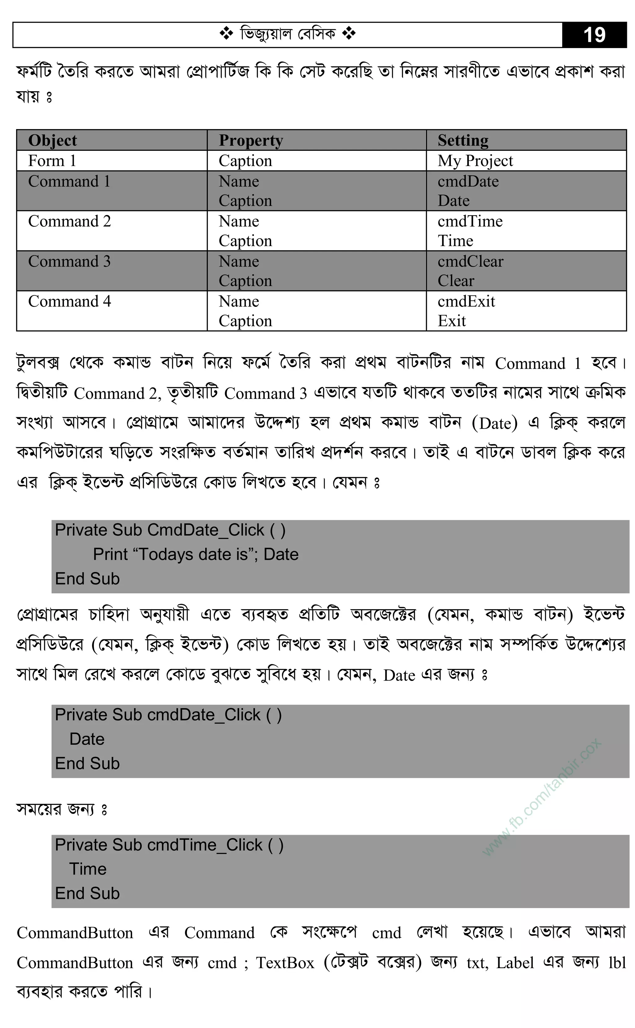  wfRy¨qvj †ewmK  19
dg©wU ˆZwi Ki‡Z Avgiv †cÖvcvwU©R wK wK †mU K‡iwQ Zv wb‡æi mviYx‡Z Gfv‡e cÖKvk Kiv
hvq t
Object Property Setting
Form 1 Caption My Project
Command 1 Name
Caption
cmdDate
Date
Command 2 Name
Caption
cmdTime
Time
Command 3 Name
Caption
cmdClear
Clear
Command 4 Name
Caption
cmdExit
Exit
Uzje· †_‡K KgvÛ evUb wb‡q d‡g© ˆZwi Kiv cÖ_g evUbwUi bvg Command 1 n‡e|
wØZxqwU Command 2, Z…ZxqwU Command 3 Gfv‡e hZwU _vK‡e ZZwUi bv‡gi mv‡_ µwgK
msL¨v Avm‡e| †cÖvMÖv‡g Avgv‡`i D‡Ïk¨ nj cÖ_g KgvÛ evUb (Date) G wK¬K& Ki‡j
KgwcDUv‡ii Nwo‡Z msiw¶Z eZ©gvb ZvwiL cÖ`k©b Ki‡e| ZvB G evU‡b Wvej wK¬K K‡i
Gi wK¬K& B‡f›U cÖwmwWD‡i †KvW wjL‡Z n‡e| †hgb t
Private Sub CmdDate_Click ( )
Print “Todays date is”; Date
End Sub
†cÖvMÖv‡gi Pvwn`v Abyhvqx G‡Z e¨eüZ cÖwZwU Ae‡R‡±i (†hgb, KgvÛ evUb) B‡f›U
cÖwmwWD‡i (†hgb, wK¬K& B‡f›U) †KvW wjL‡Z nq| ZvB Ae‡R‡±i bvg m¤úwK©Z D‡Ï‡k¨i
mv‡_ wgj †i‡L Ki‡j †Kv‡W eyS‡Z mywe‡a nq| †hgb, Date Gi Rb¨ t
Private Sub cmdDate_Click ( )
Date
End Sub
mg‡qi Rb¨ t
Private Sub cmdTime_Click ( )
Time
End Sub
CommandButton Gi Command †K ms‡¶‡c cmd †jLv n‡q‡Q| Gfv‡e Avgiv
CommandButton Gi Rb¨ cmd ; TextBox (†U·U e‡·i) Rb¨ txt, Label Gi Rb¨ lbl
e¨envi Ki‡Z cvwi|
w
w
w
.fb.com
/tanbir.cox
 