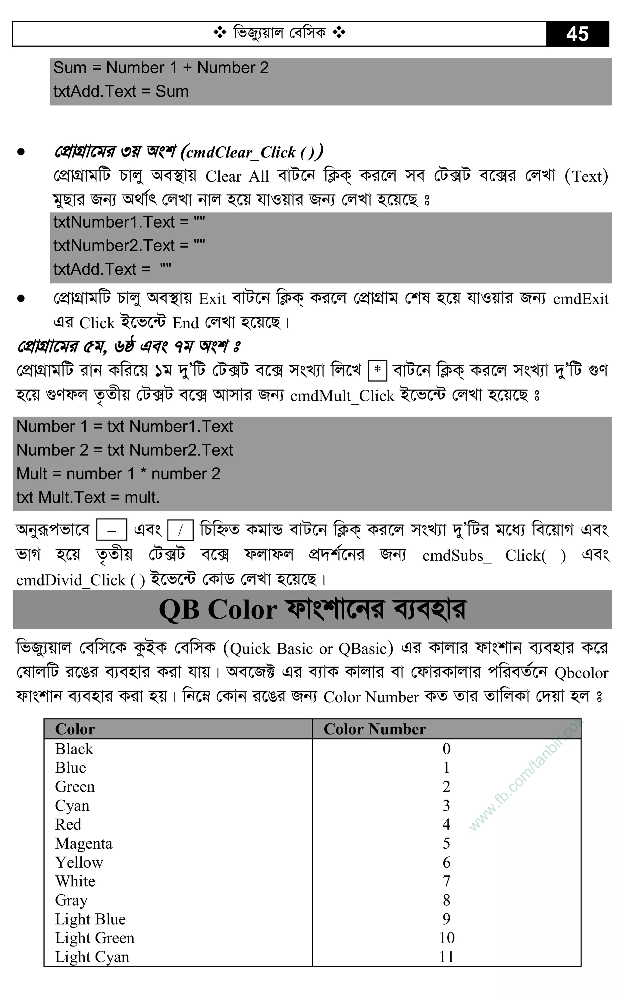  wfRy¨qvj †ewmK  45
Sum = Number 1 + Number 2
txtAdd.Text = Sum
 †cÖvMÖv‡gi 3q Ask (cmdClear_Click ( ))
†cÖvMÖvgwU Pvjy Ae¯’vq Clear All evU‡b wK¬K& Ki‡j me †U·U e‡·i †jLv (Text)
gyQvi Rb¨ A_v©r †jLv bvj n‡q hvIqvi Rb¨ †jLv n‡q‡Q t
txtNumber1.Text = ""
txtNumber2.Text = ""
txtAdd.Text = ""
 †cÖvMÖvgwU Pvjy Ae¯’vq Exit evU‡b wK¬K& Ki‡j †cÖvMÖvg †kl n‡q hvIqvi Rb¨ cmdExit
Gi Click B‡f‡›U End †jLv n‡q‡Q|
†cÖvMÖv‡gi 5g, 6ô Ges 7g Ask t
†cÖvMÖvgwU ivb Kwi‡q 1g `yÕwU †U·U e‡· msL¨v wj‡L * evU‡b wK¬K& Ki‡j msL¨v `yÕwU ¸Y
n‡q ¸Ydj Z…Zxq †U·U e‡· Avmvi Rb¨ cmdMult_Click B‡f‡›U †jLv n‡q‡Q t
Number 1 = txt Number1.Text
Number 2 = txt Number2.Text
Mult = number 1 * number 2
txt Mult.Text = mult.
Abyiƒcfv‡e  Ges / wPwýZ KgvÛ evU‡b wK¬K& Ki‡j msL¨v `yÕwUi g‡a¨ we‡qvM Ges
fvM n‡q Z…Zxq †U·U e‡· djvdj cÖ`k©‡bi Rb¨ cmdSubs_ Click( ) Ges
cmdDivid_Click ( ) B‡f‡›U †KvW †jLv n‡q‡Q|
QB Color dvskv‡bi e¨envi
wfRy¨qvj †ewm‡K KzBK †ewmK (Quick Basic or QBasic) Gi Kvjvi dvskvb e¨envi K‡i
†lvjwU i‡Oi e¨envi Kiv hvq| Ae‡R± Gi e¨vK Kvjvi ev †dviKvjvi cwieZ©‡b Qbcolor
dvskvb e¨envi Kiv nq| wb‡æ †Kvb i‡Oi Rb¨ Color Number KZ Zvi ZvwjKv †`qv nj t
Color Color Number
Black
Blue
Green
Cyan
Red
Magenta
Yellow
White
Gray
Light Blue
Light Green
Light Cyan
0
1
2
3
4
5
6
7
8
9
10
11
w
w
w
.fb.com
/tanbir.cox
 