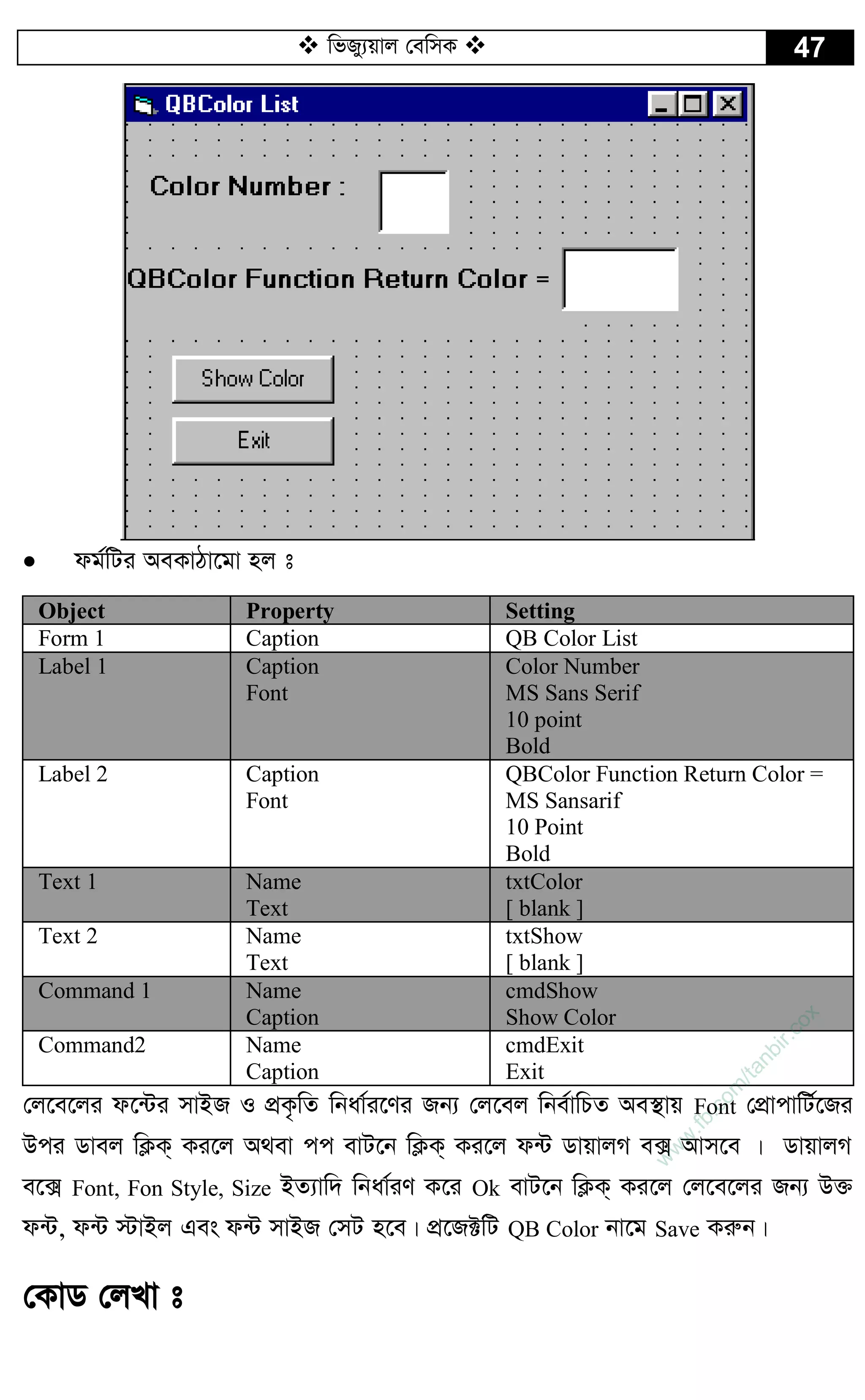  wfRy¨qvj †ewmK  47
 dg©wUi AeKvVv‡gv nj t
Object Property Setting
Form 1 Caption QB Color List
Label 1 Caption
Font
Color Number
MS Sans Serif
10 point
Bold
Label 2 Caption
Font
QBColor Function Return Color =
MS Sansarif
10 Point
Bold
Text 1 Name
Text
txtColor
[ blank ]
Text 2 Name
Text
txtShow
[ blank ]
Command 1 Name
Caption
cmdShow
Show Color
Command2 Name
Caption
cmdExit
Exit
†j‡e‡ji d‡›Ui mvBR I cÖK…wZ wbav©i‡Yi Rb¨ †j‡ej wbe©vwPZ Ae¯’vq Font †cÖvcvwU©‡Ri
Dci Wvej wK¬K& Ki‡j A_ev cc evU‡b wK¬K& Ki‡j d›U WvqvjM e· Avm‡e | WvqvjM
e‡· Font, Fon Style, Size BZ¨vw` wbav©iY K‡i Ok evU‡b wK¬K& Ki‡j †j‡e‡ji Rb¨ D³
d›U, d›U ÷vBj Ges d›U mvBR †mU n‡e| cÖ‡R±wU QB Color bv‡g Save Kiæb|
†KvW †jLv t
w
w
w
.fb.com
/tanbir.cox
 