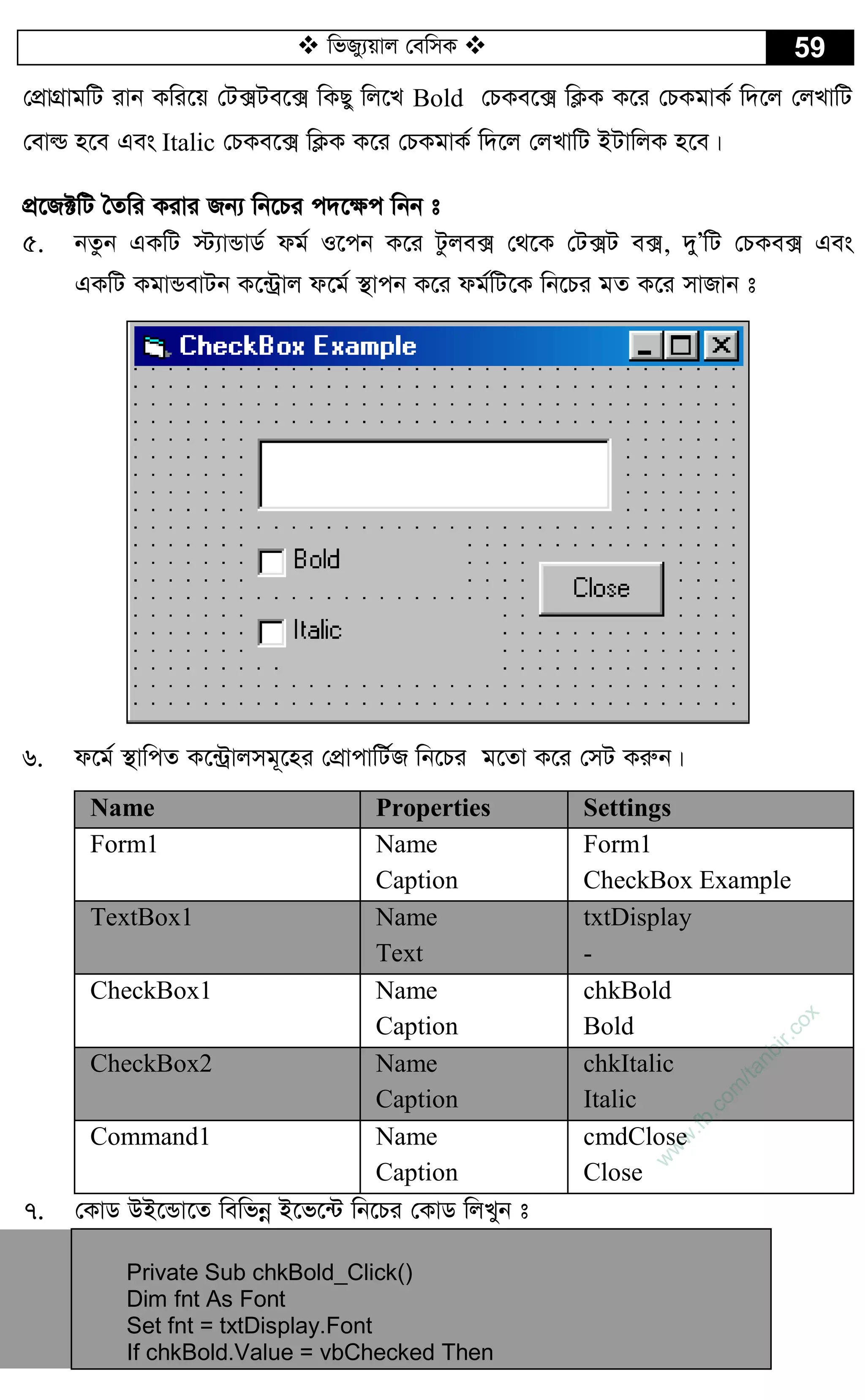  wfRy¨qvj †ewmK  59
†cÖvMÖvgwU ivb Kwi‡q †U·Ue‡· wKQy wj‡L Bold †PKe‡· wK¬K K‡i †PKgvK© w`‡j †jLvwU
†evì n‡e Ges Italic †PKe‡· wK¬K K‡i †PKgvK© w`‡j †jLvwU BUvwjK n‡e|
cÖ‡R±wU ˆZwi Kivi Rb¨ wb‡Pi c`‡¶c wbb t
5. bZzb GKwU ÷¨vÛvW© dg© I‡cb K‡i Uzje· †_‡K †U·U e·, `yÕwU †PKe· Ges
GKwU KgvÛevUb K‡›Uªvj d‡g© ¯’vcb K‡i dg©wU‡K wb‡Pi gZ K‡i mvRvb t
6. d‡g© ¯’vwcZ K‡›Uªvjmg~‡ni †cÖvcvwU©R wb‡Pi g‡Zv K‡i †mU Kiæb|
Name Properties Settings
Form1 Name
Caption
Form1
CheckBox Example
TextBox1 Name
Text
txtDisplay
-
CheckBox1 Name
Caption
chkBold
Bold
CheckBox2 Name
Caption
chkItalic
Italic
Command1 Name
Caption
cmdClose
Close
7. †KvW DB‡Ûv‡Z wewfbœ B‡f‡›U wb‡Pi †KvW wjLyb t
Private Sub chkBold_Click()
Dim fnt As Font
Set fnt = txtDisplay.Font
If chkBold.Value = vbChecked Then
w
w
w
.fb.com
/tanbir.cox
 