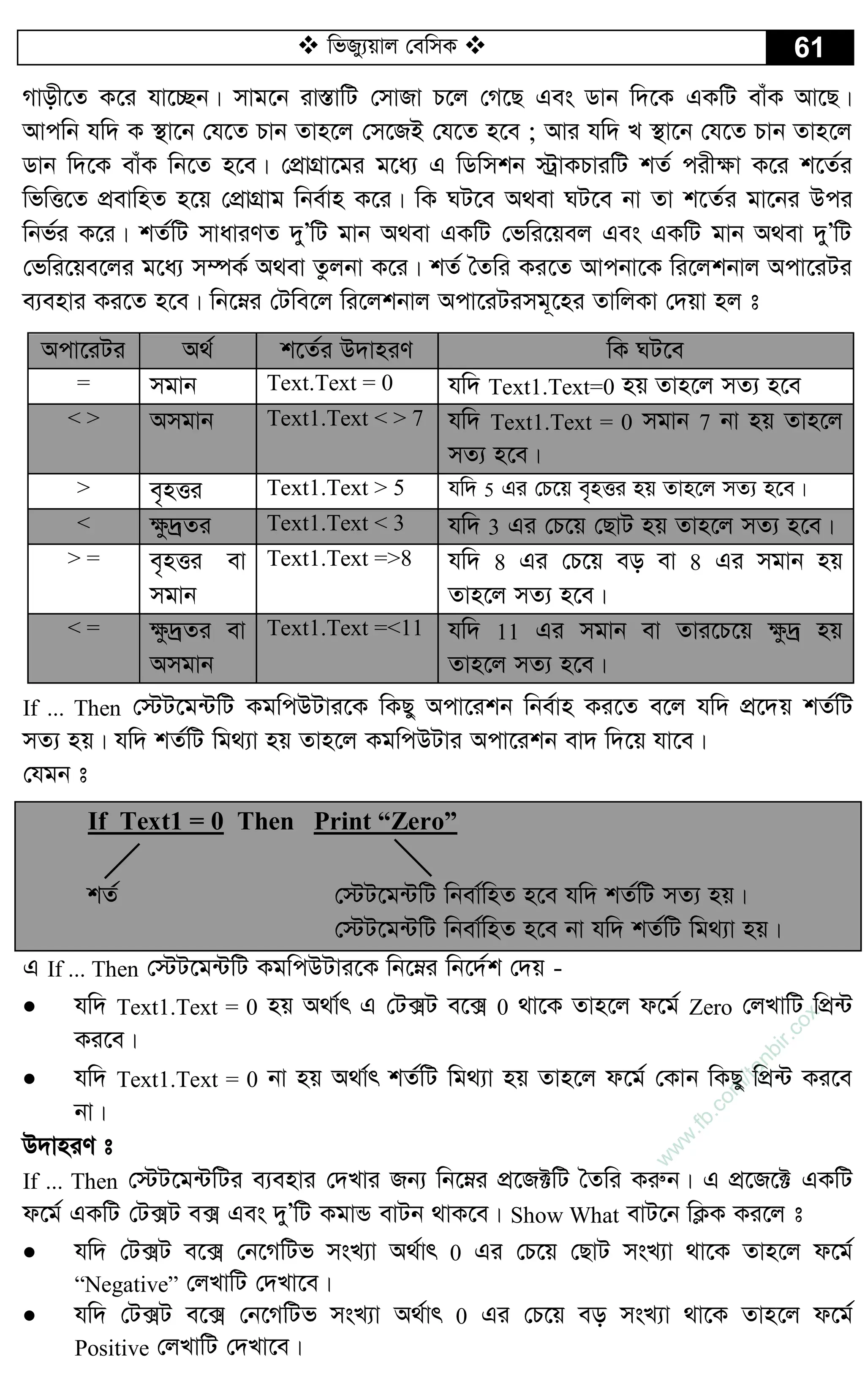  wfRy¨qvj †ewmK  61
Mvox‡Z K‡i hv‡”Qb| mvg‡b iv¯ÍvwU †mvRv P‡j †M‡Q Ges Wvb w`‡K GKwU evuK Av‡Q|
Avcwb hw` K ¯’v‡b †h‡Z Pvb Zvn‡j †m‡RB †h‡Z n‡e ; Avi hw` L ¯’v‡b †h‡Z Pvb Zvn‡j
Wvb w`‡K evuK wb‡Z n‡e| †cÖvMÖv‡gi g‡a¨ G wWwmkb ÷ªvKPviwU kZ© cix¶v K‡i k‡Z©i
wfwË‡Z cÖevwnZ n‡q †cÖvMÖvg wbe©vn K‡i| wK NU‡e A_ev NU‡e bv Zv k‡Z©i gv‡bi Dci
wbf©i K‡i| kZ©wU mvaviYZ `yÕwU gvb A_ev GKwU †fwi‡qej Ges GKwU gvb A_ev `yÕwU
†fwi‡qe‡ji g‡a¨ m¤úK© A_ev Zzjbv K‡i| kZ© ˆZwi Ki‡Z Avcbv‡K wi‡jkbvj Acv‡iUi
e¨envi Ki‡Z n‡e| wb‡æi †Uwe‡j wi‡jkbvj Acv‡iUimg~‡ni ZvwjKv †`qv nj t
Acv‡iUi A_© k‡Z©i D`vniY wK NU‡e
= mgvb Text.Text = 0 hw` Text1.Text=0 nq Zvn‡j mZ¨ n‡e
< > Amgvb Text1.Text < > 7 hw` Text1.Text = 0 mgvb 7 bv nq Zvn‡j
mZ¨ n‡e|
> e„nËi Text1.Text > 5 hw` 5 Gi †P‡q e„nËi nq Zvn‡j mZ¨ n‡e|
< ¶z`ªZi Text1.Text < 3 hw` 3 Gi †P‡q †QvU nq Zvn‡j mZ¨ n‡e|
> = e„nËi ev
mgvb
Text1.Text =>8 hw` 8 Gi †P‡q eo ev 8 Gi mgvb nq
Zvn‡j mZ¨ n‡e|
< = ¶z`ªZi ev
Amgvb
Text1.Text =<11 hw` 11 Gi mgvb ev Zvi‡P‡q ¶z`ª nq
Zvn‡j mZ¨ n‡e|
If ... Then †÷U‡g›UwU KgwcDUvi‡K wKQy Acv‡ikb wbe©vn Ki‡Z e‡j hw` cÖ‡`q kZ©wU
mZ¨ nq| hw` kZ©wU wg_¨v nq Zvn‡j KgwcDUvi Acv‡ikb ev` w`‡q hv‡e|
†hgb t
If Text1 = 0 Then Print “Zero”
kZ© †÷U‡g›UwU wbev©wnZ n‡e hw` kZ©wU mZ¨ nq|
†÷U‡g›UwU wbev©wnZ n‡e bv hw` kZ©wU wg_¨v nq|
G If ... Then †÷U‡g›UwU KgwcDUvi‡K wb‡æi wb‡`©k †`q -
 hw` Text1.Text = 0 nq A_v©r G †U·U e‡· 0 _v‡K Zvn‡j d‡g© Zero †jLvwU wcÖ›U
Ki‡e|
 hw` Text1.Text = 0 bv nq A_v©r kZ©wU wg_¨v nq Zvn‡j d‡g© †Kvb wKQy wcÖ›U Ki‡e
bv|
D`vniY t
If ... Then †÷U‡g›UwUi e¨envi †`Lvi Rb¨ wb‡æi cÖ‡R±wU ˆZwi Kiæb| G cÖ‡R‡± GKwU
d‡g© GKwU †U·U e· Ges `yÕwU KgvÛ evUb _vK‡e| Show What evU‡b wK¬K Ki‡j t
 hw` †U·U e‡· †b‡MwUf msL¨v A_©vr 0 Gi †P‡q †QvU msL¨v _v‡K Zvn‡j d‡g©
“Negative” †jLvwU †`Lv‡e|
 hw` †U·U e‡· †b‡MwUf msL¨v A_©vr 0 Gi †P‡q eo msL¨v _v‡K Zvn‡j d‡g©
Positive †jLvwU †`Lv‡e|
w
w
w
.fb.com
/tanbir.cox
 