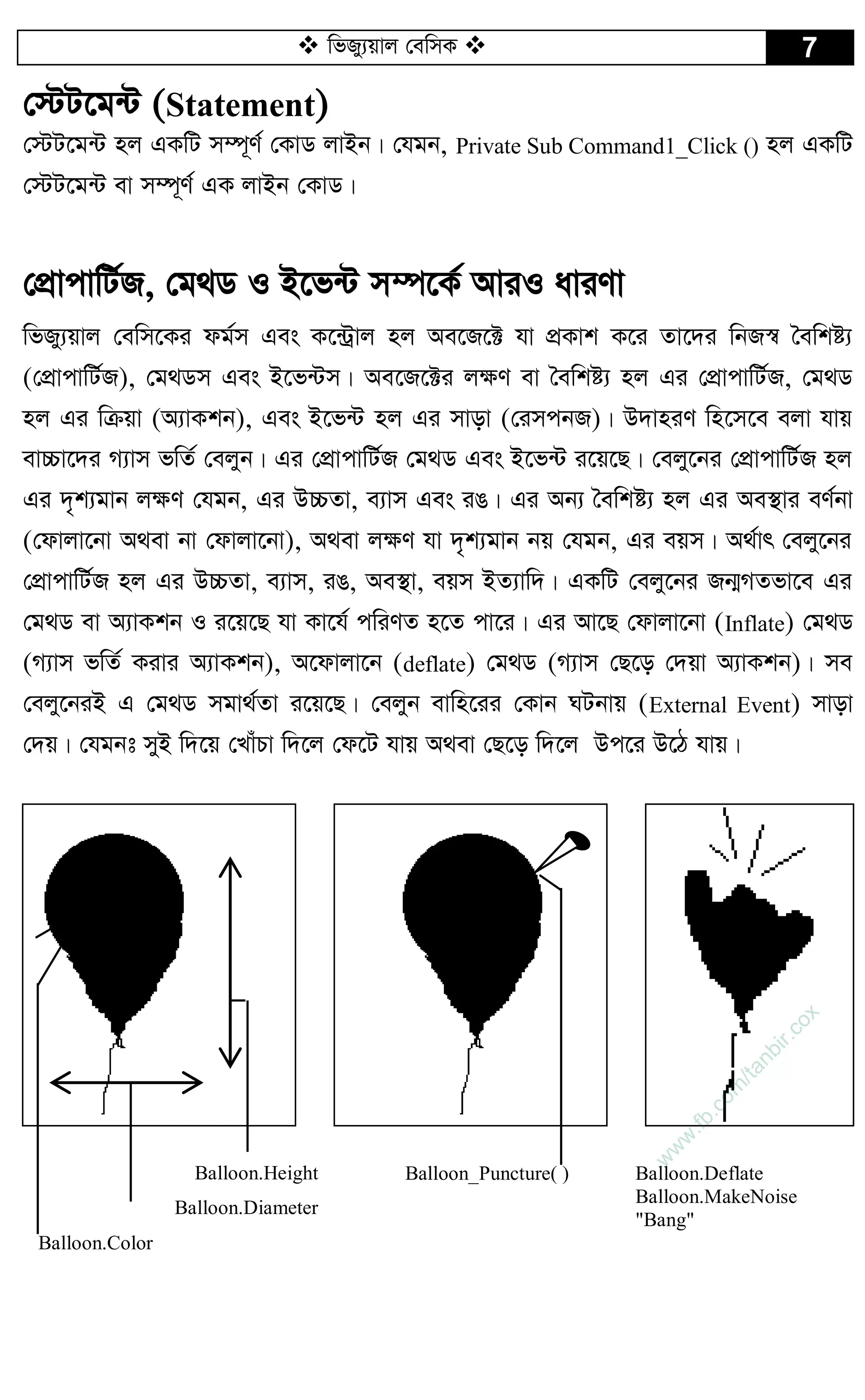  wfRy¨qvj †ewmK  7
†÷U‡g›U (Statement)
†÷U‡g›U nj GKwU m¤ú~Y© †KvW jvBb| †hgb, Private Sub Command1_Click () nj GKwU
†÷U‡g›U ev m¤ú~Y© GK jvBb †KvW|
†cÖvcvwU©R, †g_W I B‡f›U m¤ú‡K© AviI aviYv
wfRy¨qvj †ewm‡Ki dg©m Ges K‡›Uªvj nj Ae‡R‡± hv cÖKvk K‡i Zv‡`i wbR¯^ ˆewkó¨
(†cÖvcvwU©R), †g_Wm Ges B‡f›Um| Ae‡R‡±i j¶Y ev ˆewkó¨ nj Gi †cÖvcvwU©R, †g_W
nj Gi wµqv (A¨vKkb), Ges B‡f›U nj Gi mvov (†imcbR)| D`vniY wn‡m‡e ejv hvq
ev”Pv‡`i M¨vm fwZ© †ejyb| Gi †cÖvcvwU©R †g_W Ges B‡f›U i‡q‡Q| †ejy‡bi †cÖvcvwU©R nj
Gi `„k¨gvb j¶Y †hgb, Gi D”PZv, e¨vm Ges iO| Gi Ab¨ ˆewkó¨ nj Gi Ae¯’vi eY©bv
(†dvjv‡bv A_ev bv †dvjv‡bv), A_ev j¶Y hv `„k¨gvb bq †hgb, Gi eqm| A_©vr †ejy‡bi
†cÖvcvwU©R nj Gi D”PZv, e¨vm, iO, Ae¯’v, eqm BZ¨vw`| GKwU †ejy‡bi Rb¥MZfv‡e Gi
†g_W ev A¨vKkb I i‡q‡Q hv Kv‡h© cwiYZ n‡Z cv‡i| Gi Av‡Q †dvjv‡bv (Inflate) †g_W
(M¨vm fwZ© Kivi A¨vKkb), A‡dvjv‡b (deflate) †g_W (M¨vm †Q‡o †`qv A¨vKkb)| me
†ejy‡biB G †g_W mgv_©Zv i‡q‡Q| †ejyb evwn‡ii †Kvb NUbvq (External Event) mvov
†`q| †hgbt myB w`‡q †LvuPv w`‡j †d‡U hvq A_ev †Q‡o w`‡j Dc‡i D‡V hvq|
Balloon.Height
Balloon.Diameter
Balloon.Color
Balloon_Puncture( ) Balloon.Deflate
Balloon.MakeNoise
"Bang"
w
w
w
.fb.com
/tanbir.cox
 