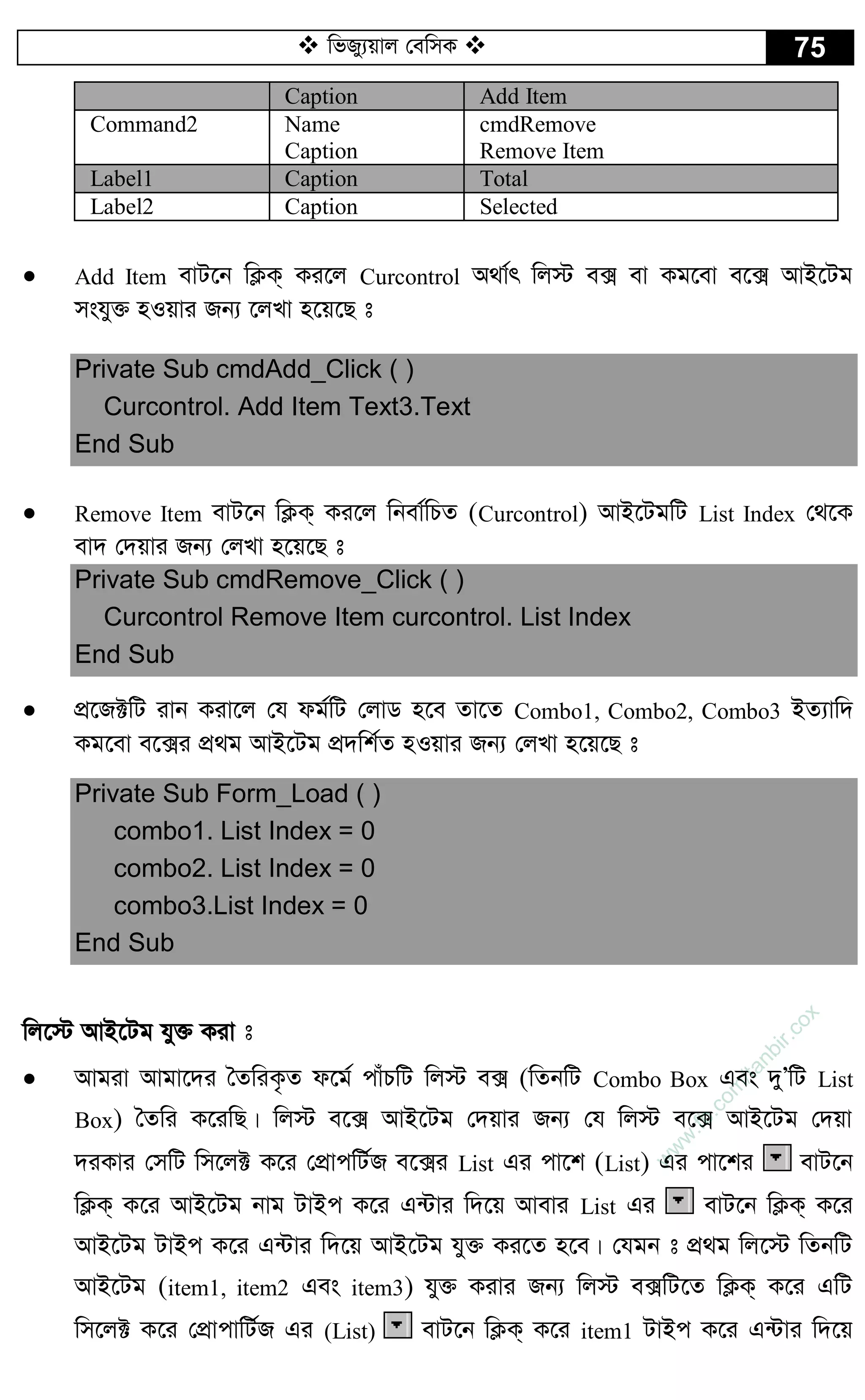  wfRy¨qvj †ewmK  75
Caption Add Item
Command2 Name
Caption
cmdRemove
Remove Item
Label1 Caption Total
Label2 Caption Selected
 Add Item evU‡b wK¬K& Ki‡j Curcontrol A_v©r wj÷ e· ev Kg‡ev e‡· AvB‡Ug
mshy³ nIqvi Rb¨ ‡jLv n‡q‡Q t
Private Sub cmdAdd_Click ( )
Curcontrol. Add Item Text3.Text
End Sub
 Remove Item evU‡b wK¬K& Ki‡j wbev©wPZ (Curcontrol) AvB‡UgwU List Index †_‡K
ev` †`qvi Rb¨ †jLv n‡q‡Q t
Private Sub cmdRemove_Click ( )
Curcontrol Remove Item curcontrol. List Index
End Sub
 cÖ‡R±wU ivb Kiv‡j †h dg©wU †jvW n‡e Zv‡Z Combo1, Combo2, Combo3 BZ¨vw`
Kg‡ev e‡·i cÖ_g AvB‡Ug cÖ`wk©Z nIqvi Rb¨ †jLv n‡q‡Q t
Private Sub Form_Load ( )
combo1. List Index = 0
combo2. List Index = 0
combo3.List Index = 0
End Sub
wj‡÷ AvB‡Ug hy³ Kiv t
 Avgiv Avgv‡`i ˆZwiK…Z d‡g© cvuPwU wj÷ e· (wZbwU Combo Box Ges `yÕwU List
Box) ˆZwi K‡iwQ| wj÷ e‡· AvB‡Ug †`qvi Rb¨ †h wj÷ e‡· AvB‡Ug †`qv
`iKvi †mwU wm‡j± K‡i †cÖvcwU©R e‡·i List Gi cv‡k (List) Gi cv‡ki evU‡b
wK¬K& K‡i AvB‡Ug bvg UvBc K‡i G›Uvi w`‡q Avevi List Gi evU‡b wK¬K& K‡i
AvB‡Ug UvBc K‡i G›Uvi w`‡q AvB‡Ug hy³ Ki‡Z n‡e| †hgb t cÖ_g wj‡÷ wZbwU
AvB‡Ug (item1, item2 Ges item3) hy³ Kivi Rb¨ wj÷ e·wU‡Z wK¬K& K‡i GwU
wm‡j± K‡i †cÖvcvwU©R Gi (List) evU‡b wK¬K& K‡i item1 UvBc K‡i G›Uvi w`‡q
w
w
w
.fb.com
/tanbir.cox
 